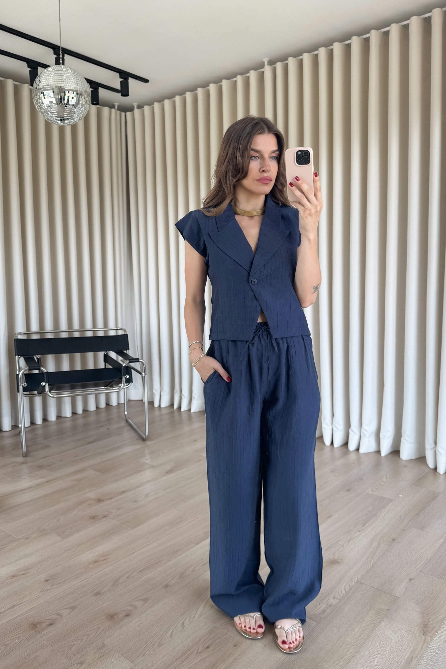 Lacivert Kruvaze Yaka Düğmeli Bluz Pantolon Takım