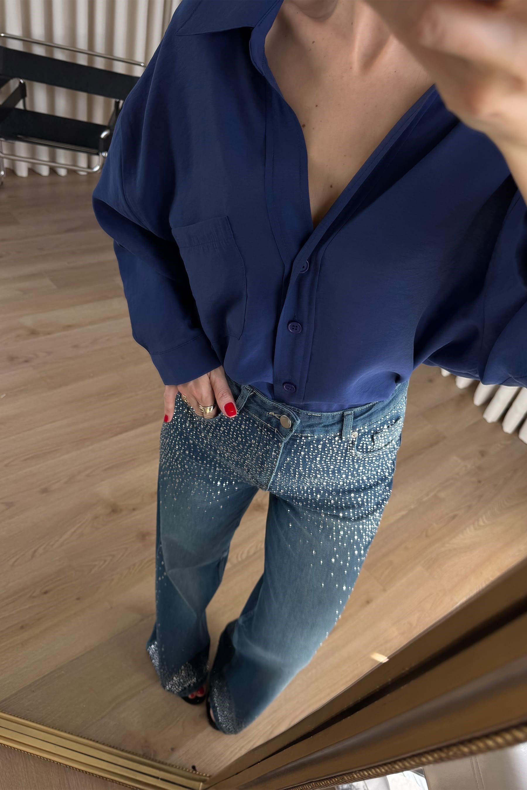 Lacivert Oversize Modal Kumaş Gömlek