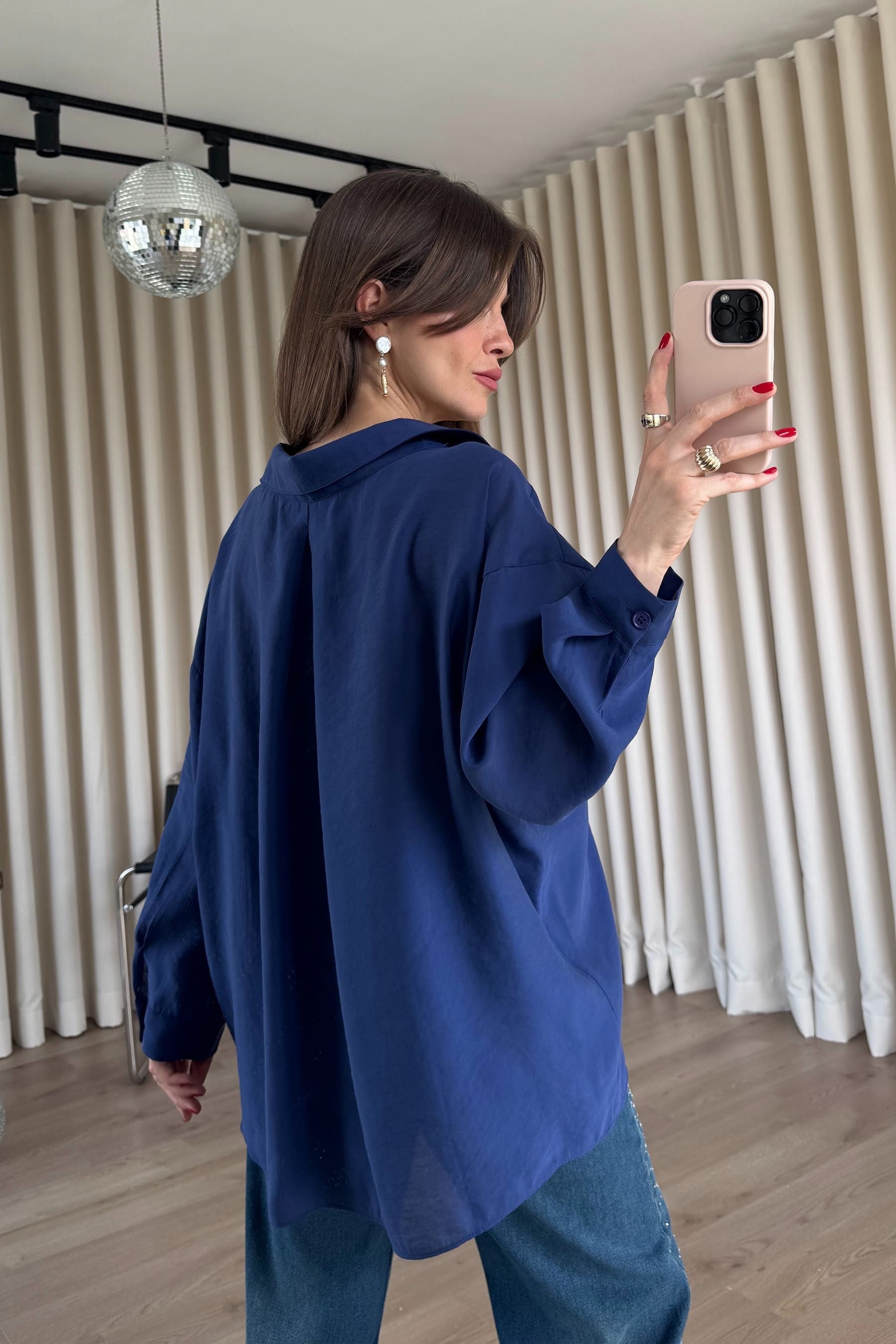 Lacivert Oversize Modal Kumaş Gömlek
