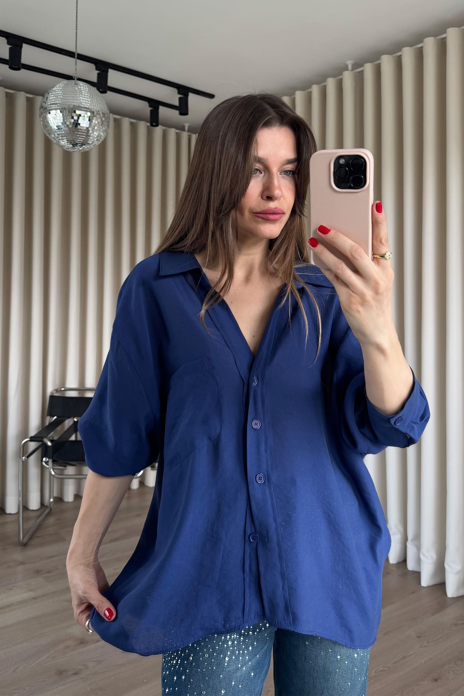Lacivert Oversize Modal Kumaş Gömlek