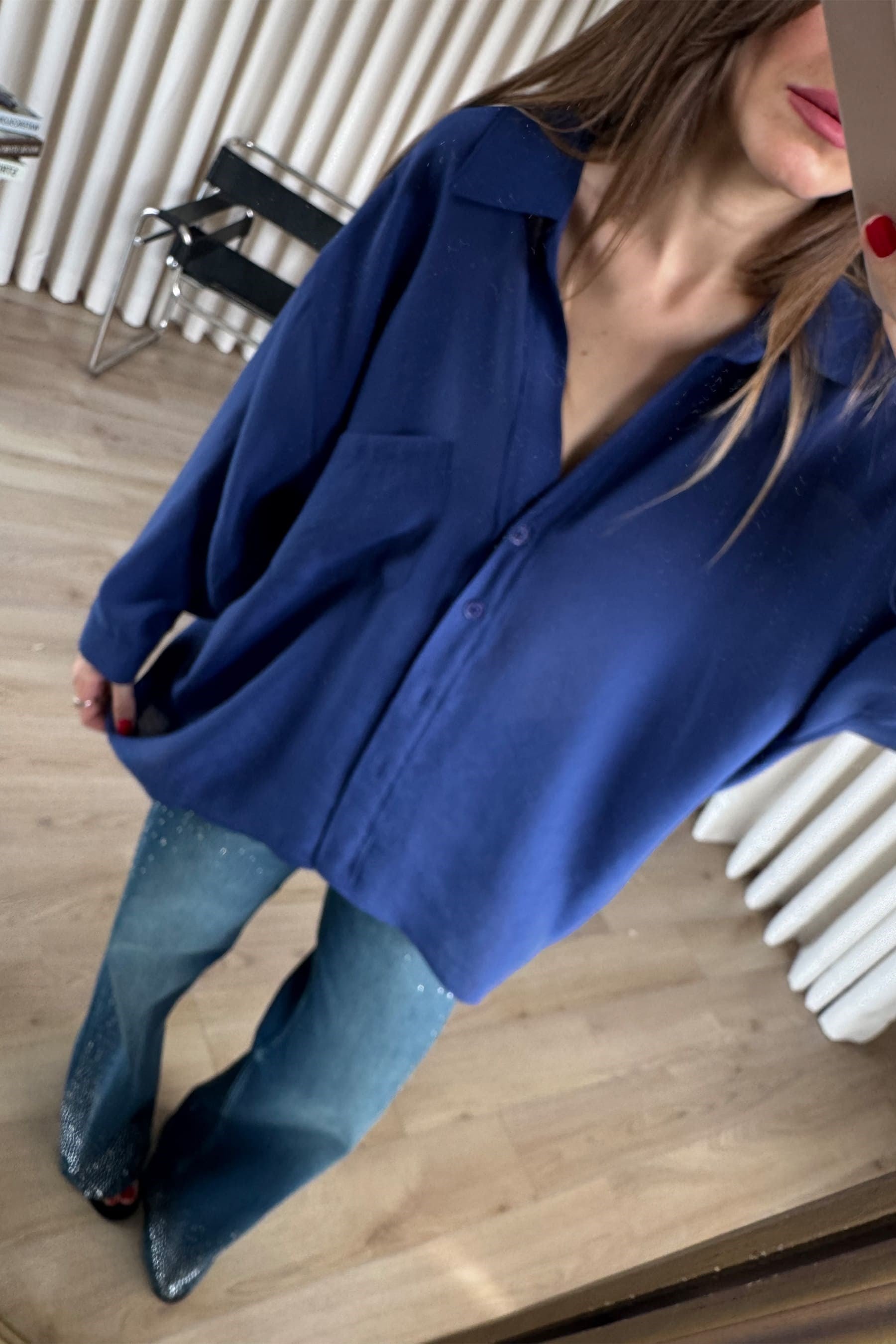 Lacivert Oversize Modal Kumaş Gömlek
