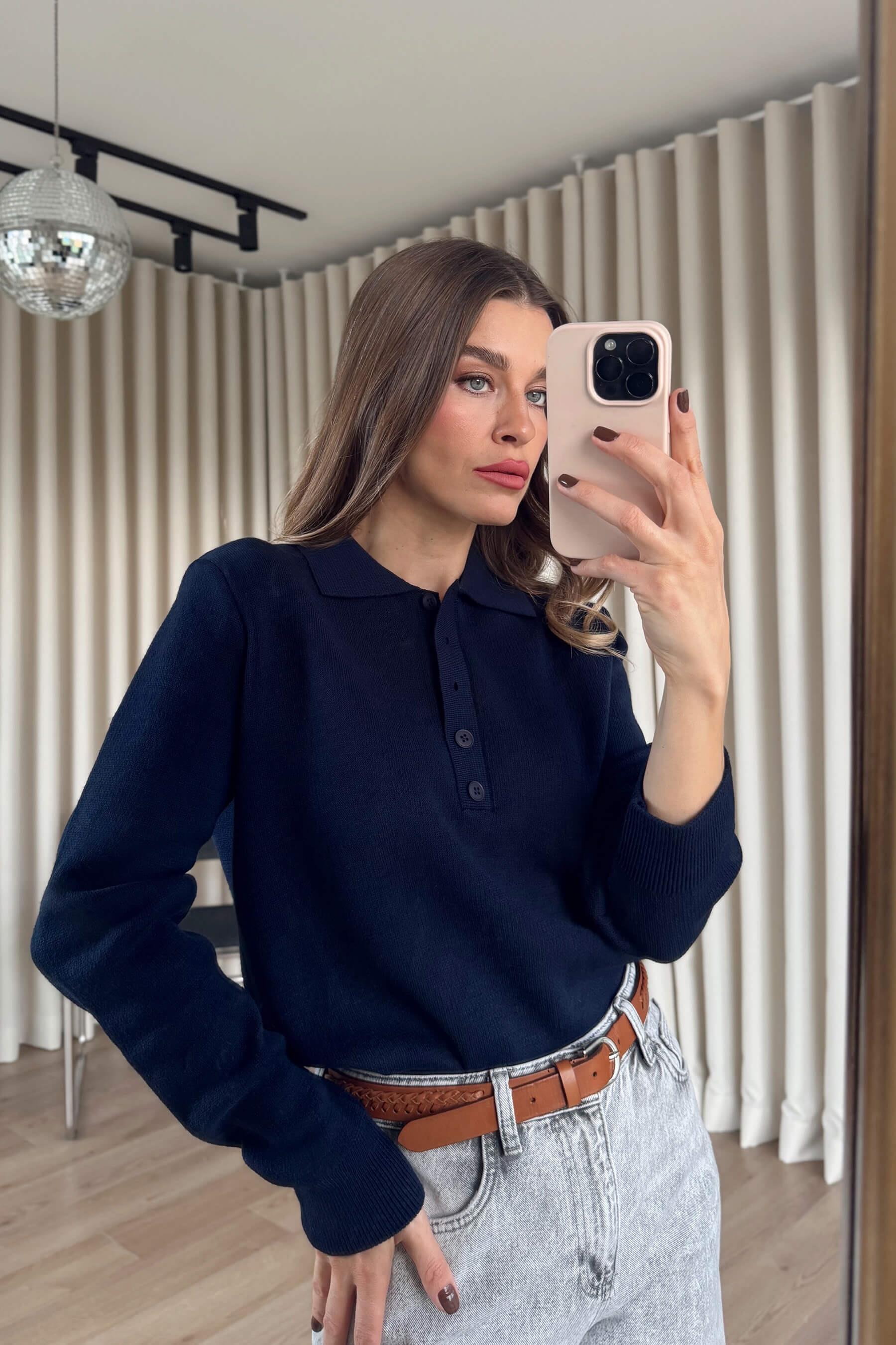 Lacivert Polo Yaka Düğmeli Triko Kazak