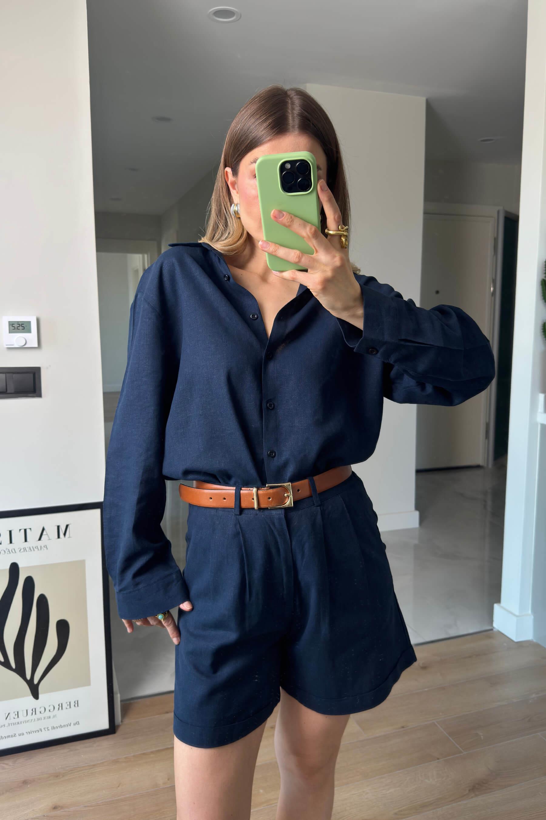 Lacivert Premium Kuşaklı Keten Şort