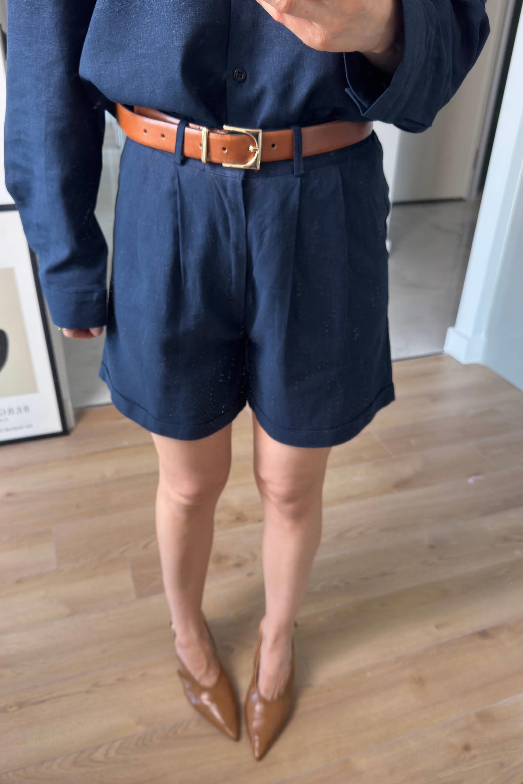 Lacivert Premium Kuşaklı Keten Şort