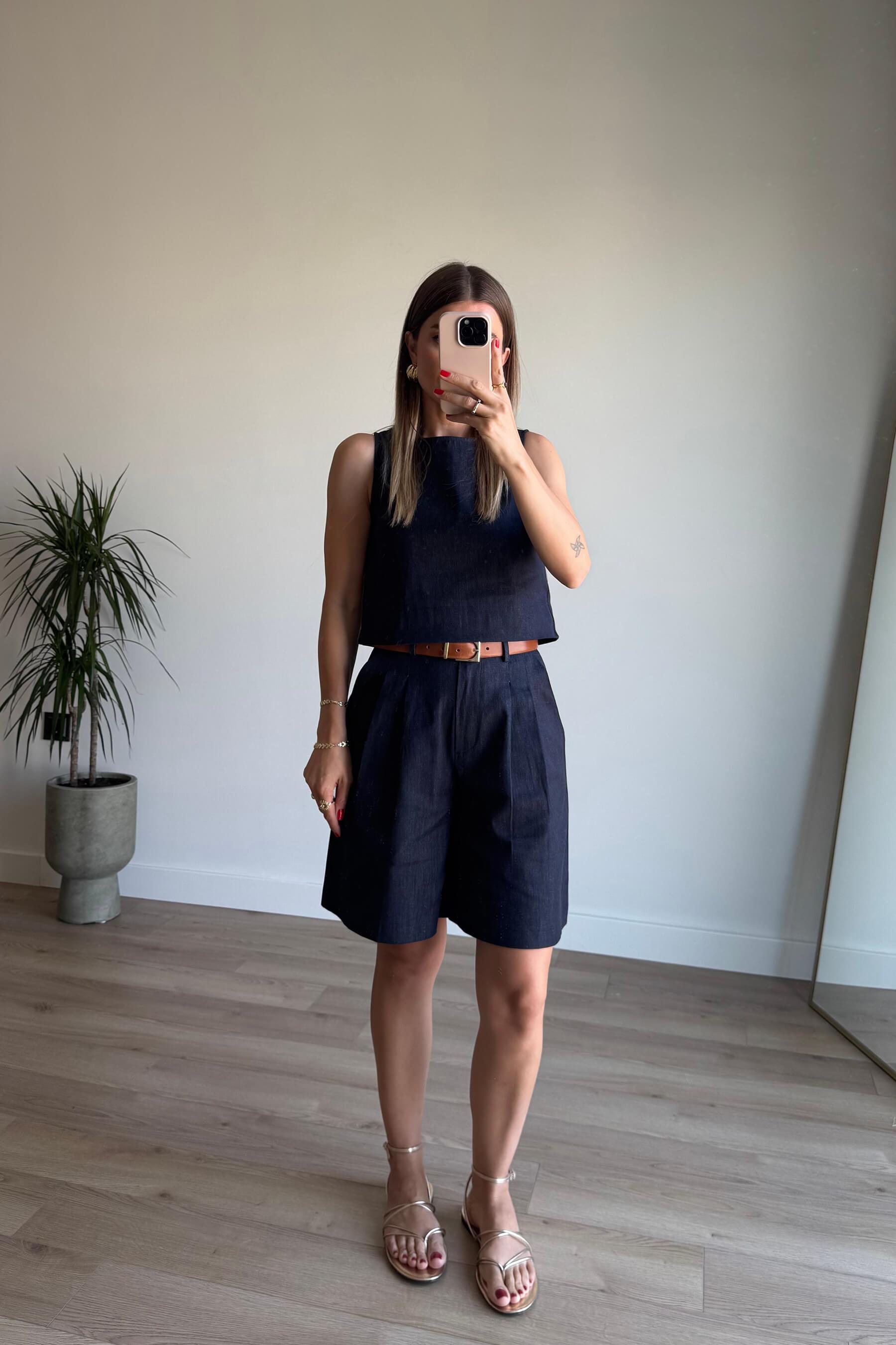 Lacivert Sıfır Kol Şort Bluz İnce Denim Takım