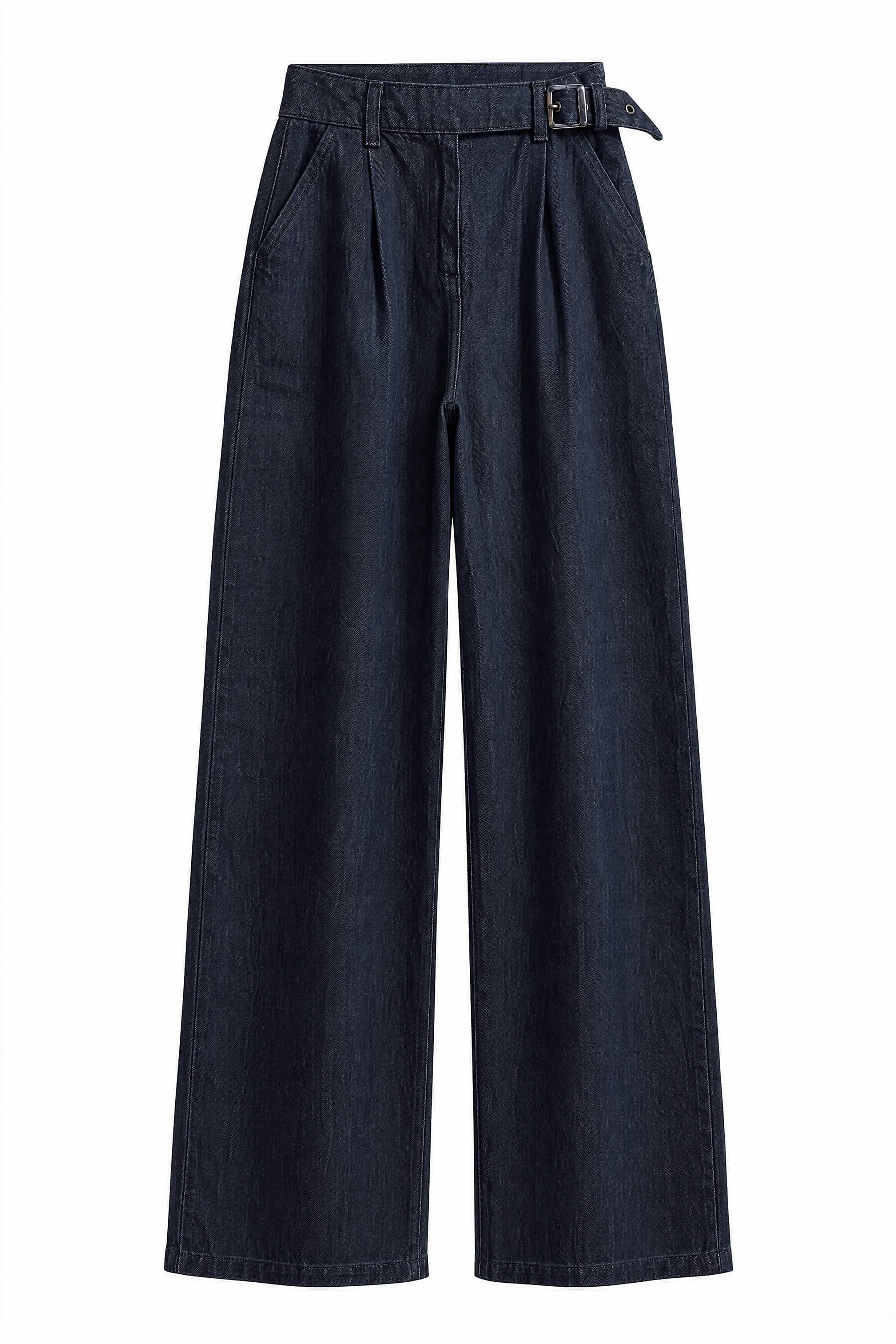 Lacivert Ultra Yüksek Bel Bol Paça Toka Detaylı Denim Pantolon