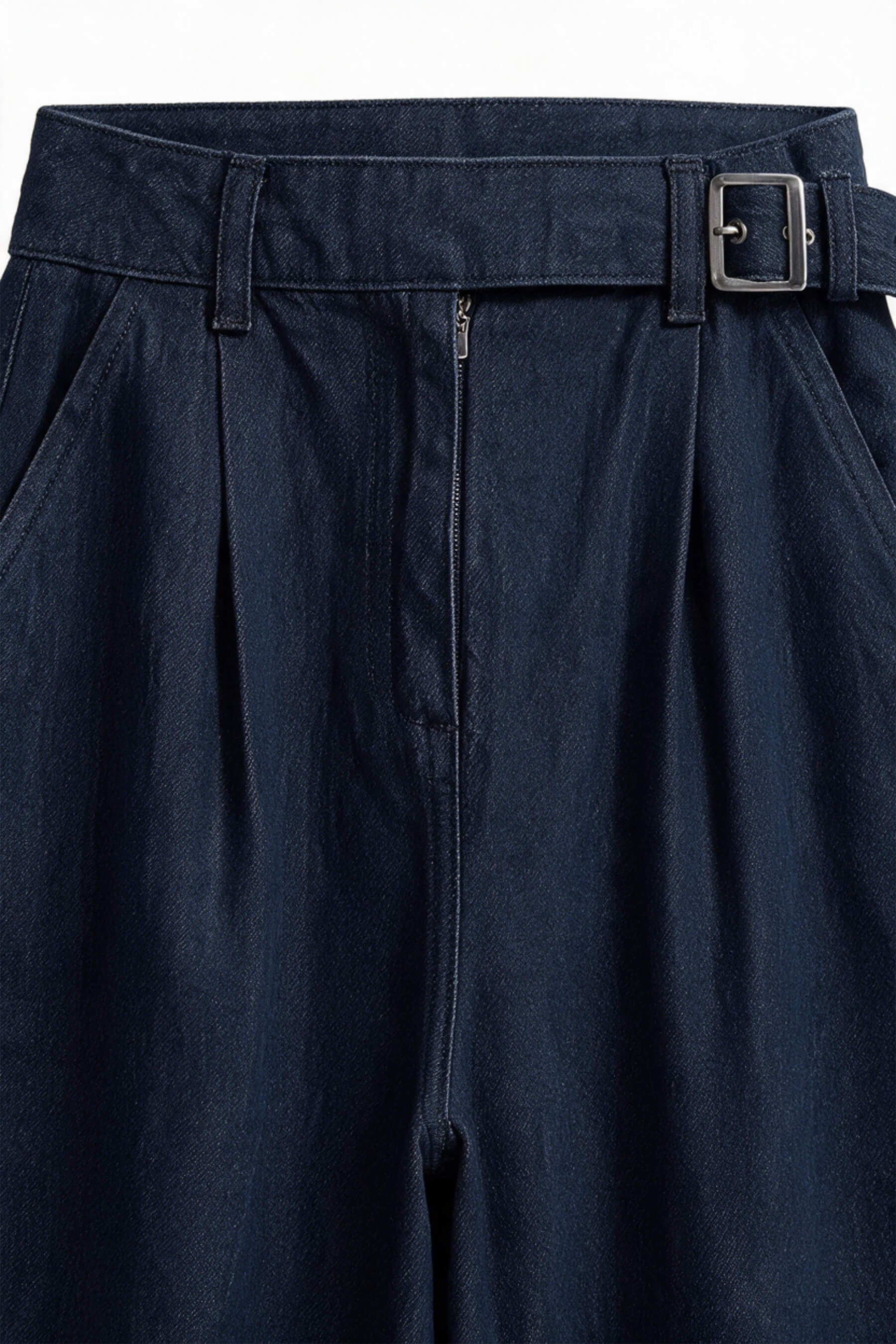 Lacivert Ultra Yüksek Bel Bol Paça Toka Detaylı Denim Pantolon