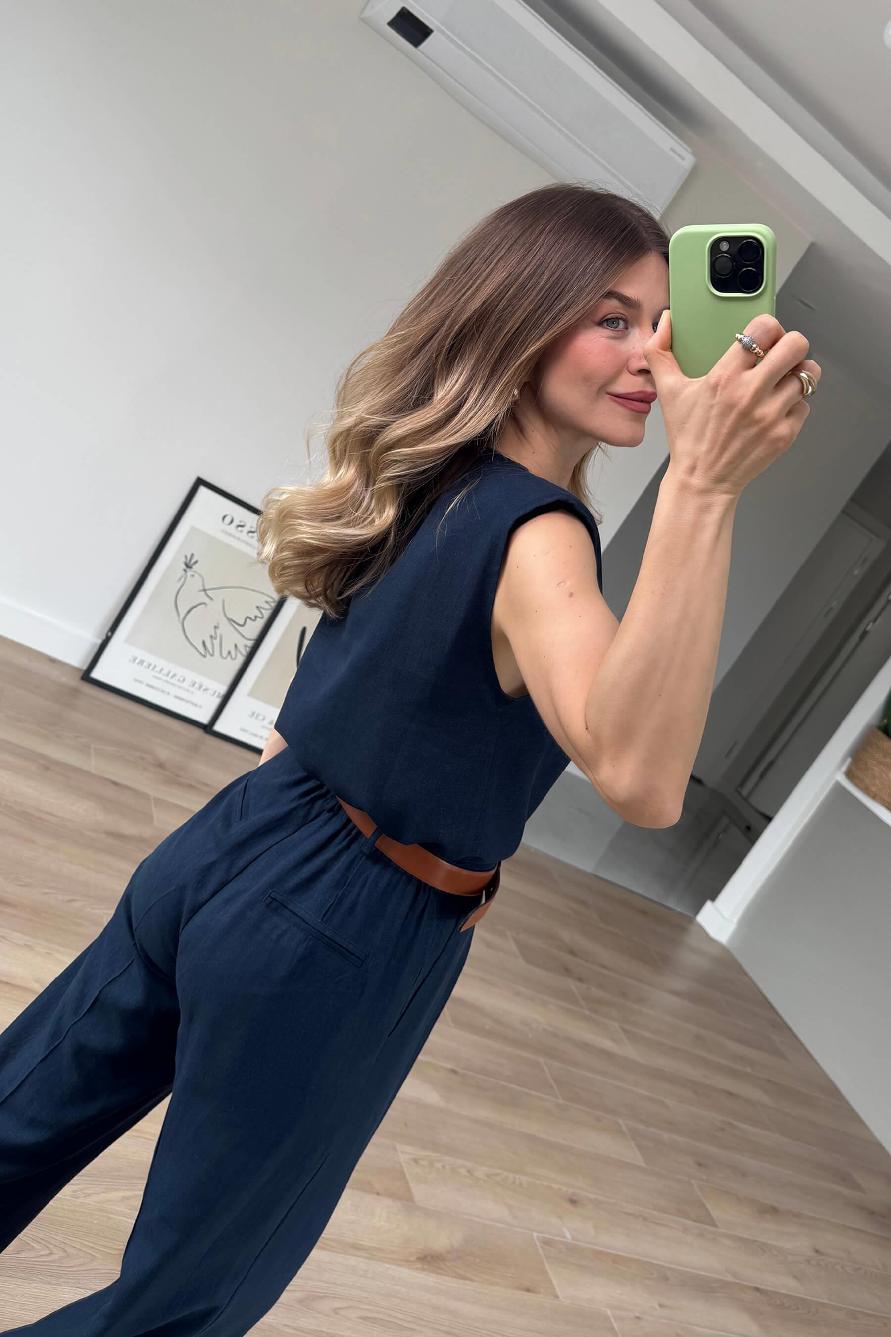 Lacivert Vatkalı Kolsuz Keten Bluz Pantolon Takım