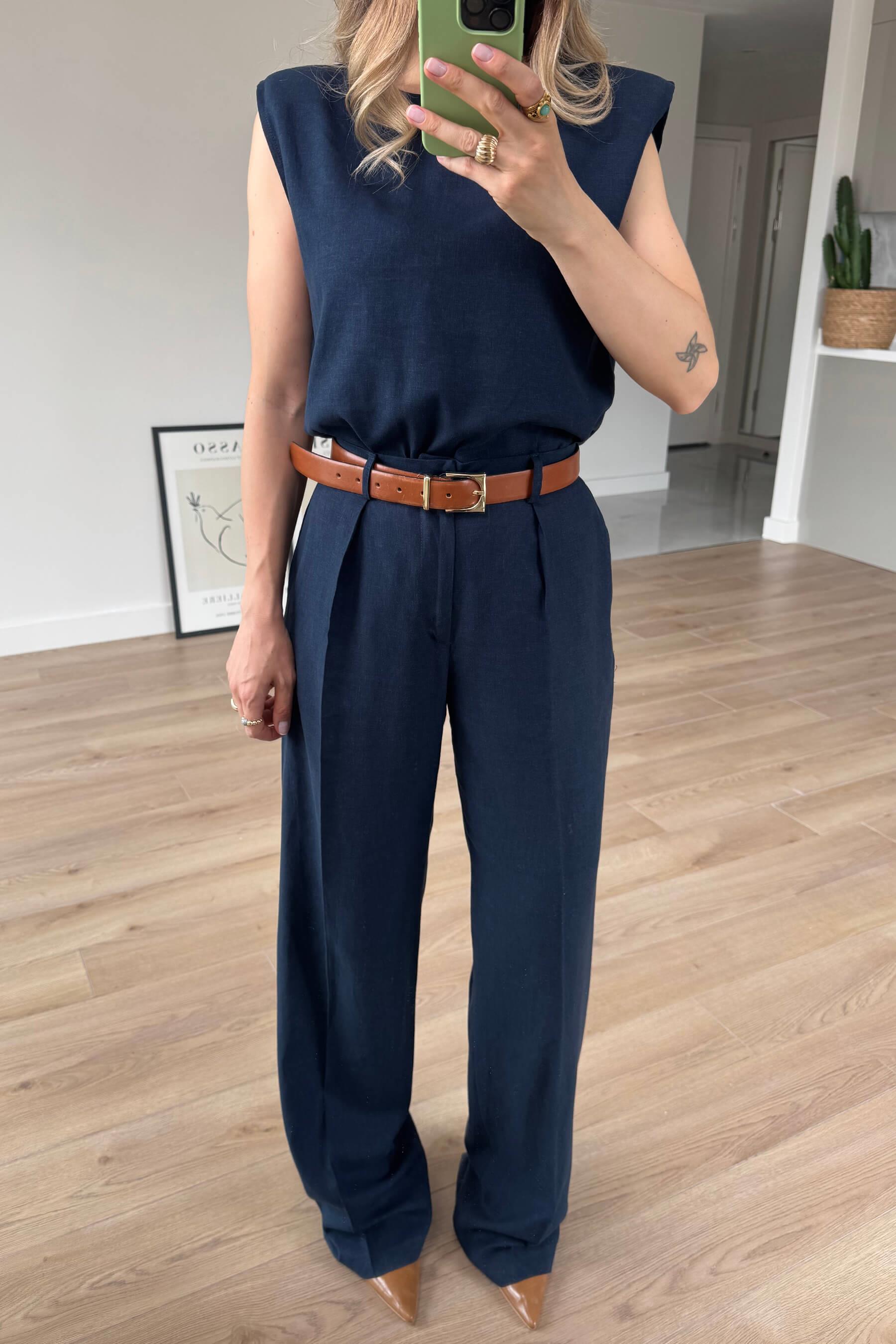 Lacivert Vatkalı Kolsuz Keten Bluz Pantolon Takım