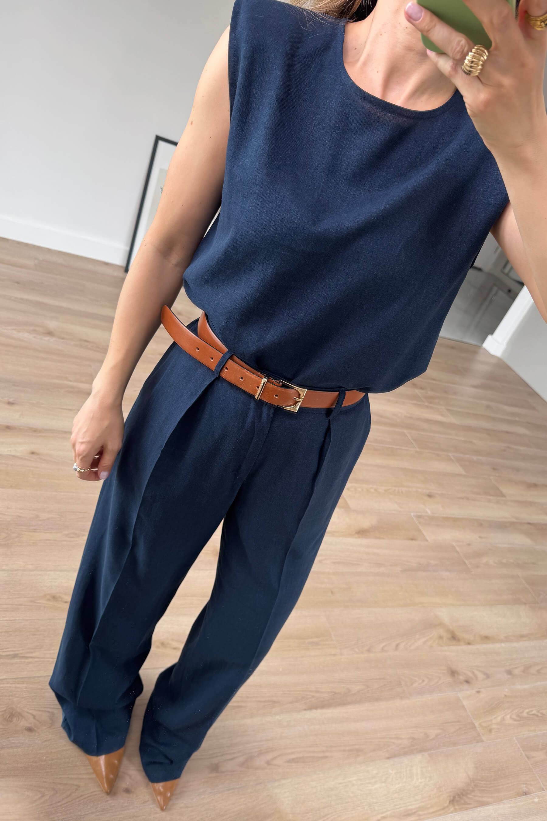 Lacivert Vatkalı Kolsuz Keten Bluz Pantolon Takım