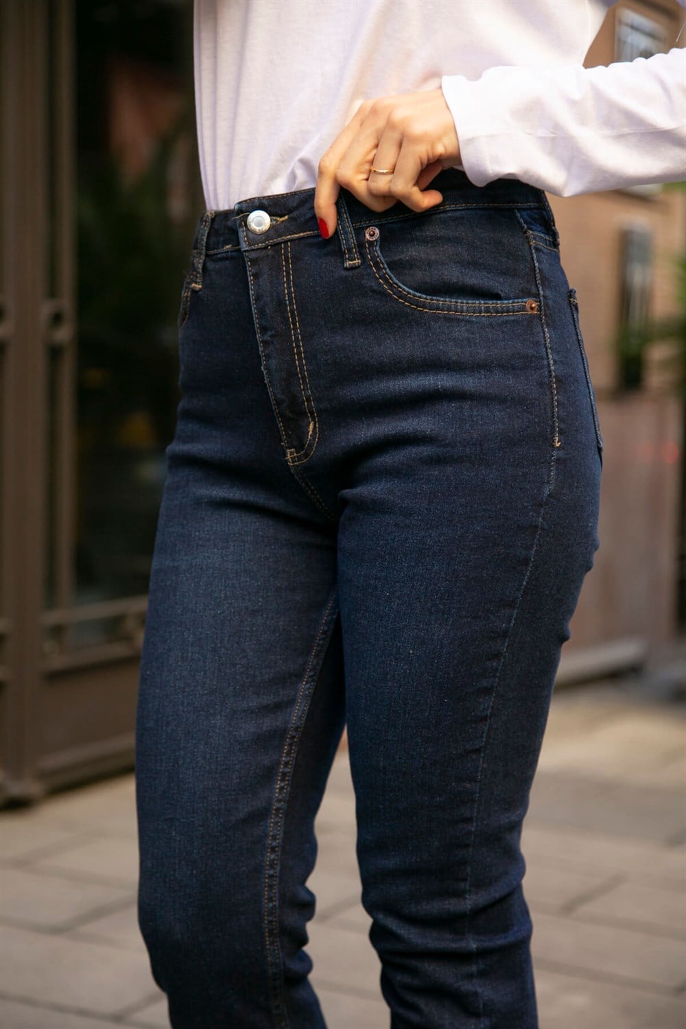 Lacivert Yüksek Bel Boru Paça Mom Jean