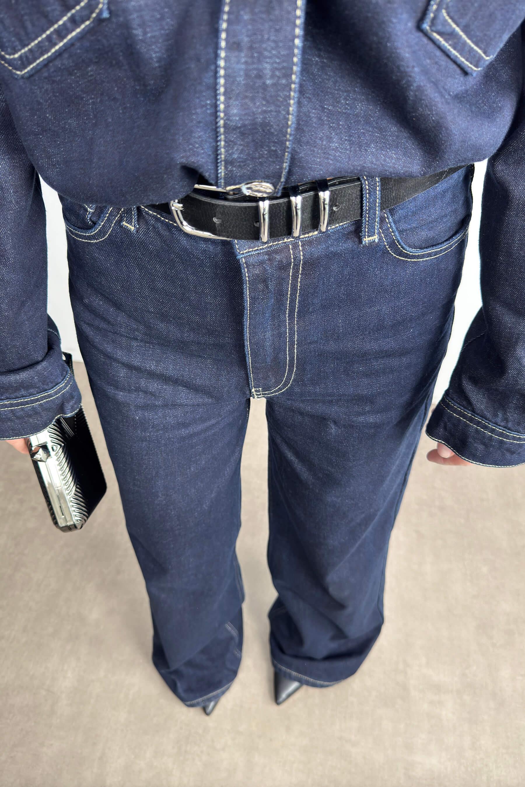 Lacivert Yüksek Bel Jean Ceket Premium Takım