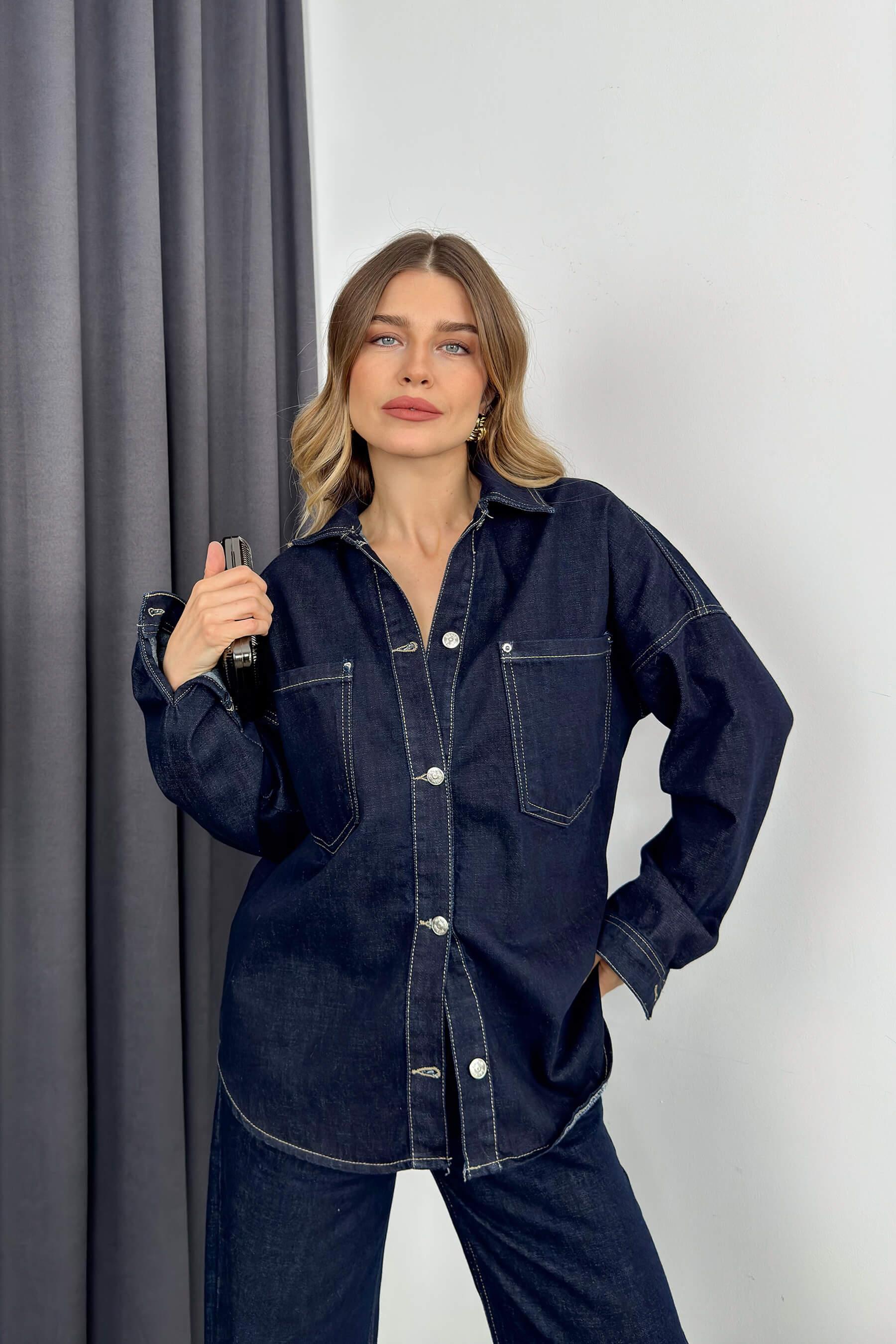 Lacivert Yüksek Bel Jean Ceket Premium Takım