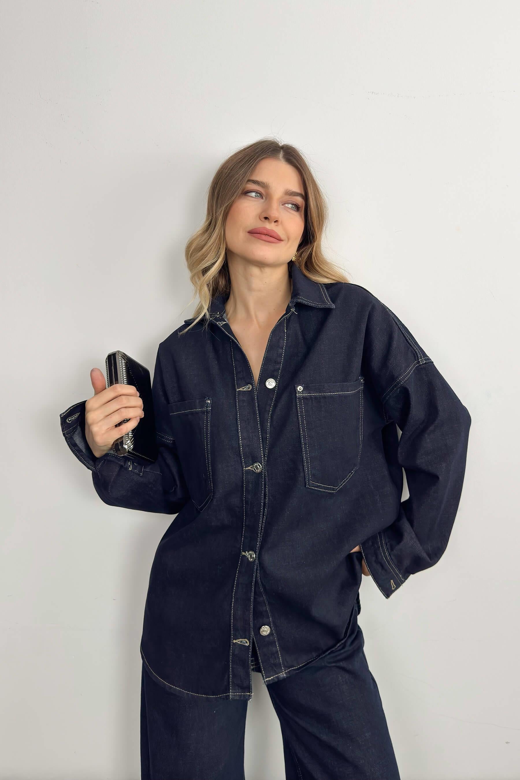 Lacivert Yüksek Bel Jean Ceket Premium Takım