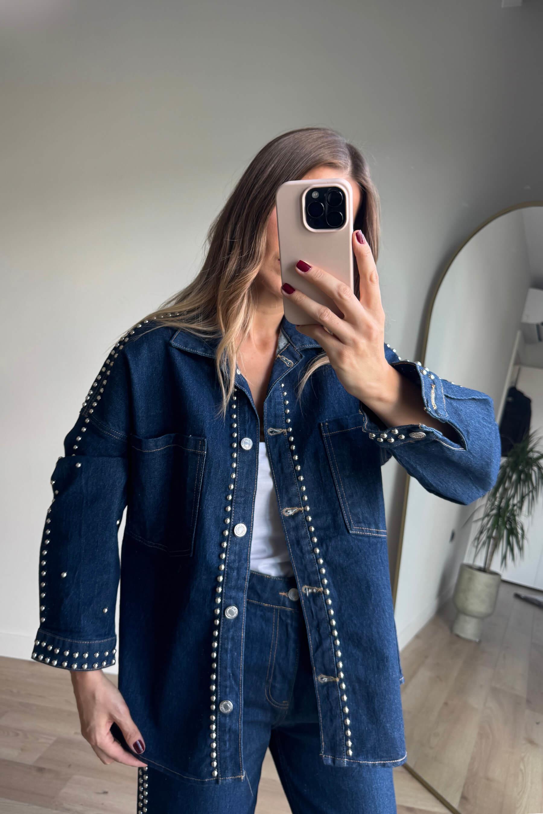 Lacivert Zımba Baskı Gömlek Pantolon Denim Takım