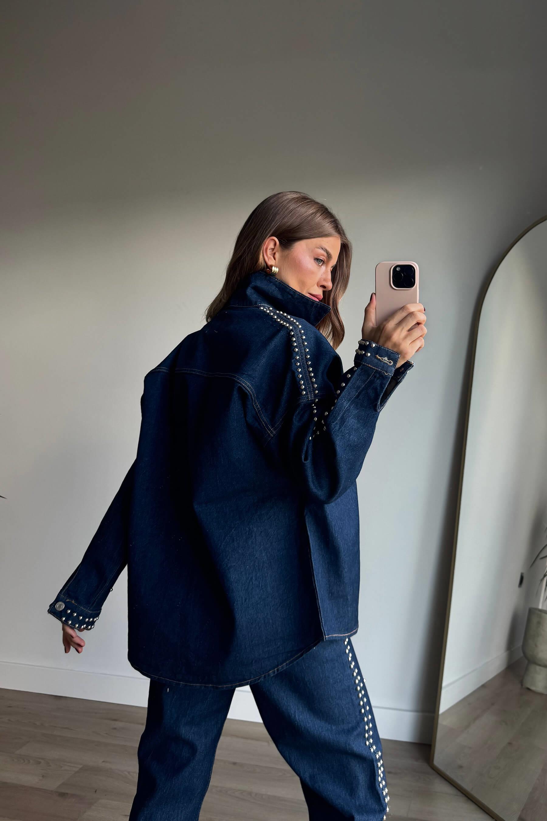 Lacivert Zımba Baskı Gömlek Pantolon Denim Takım