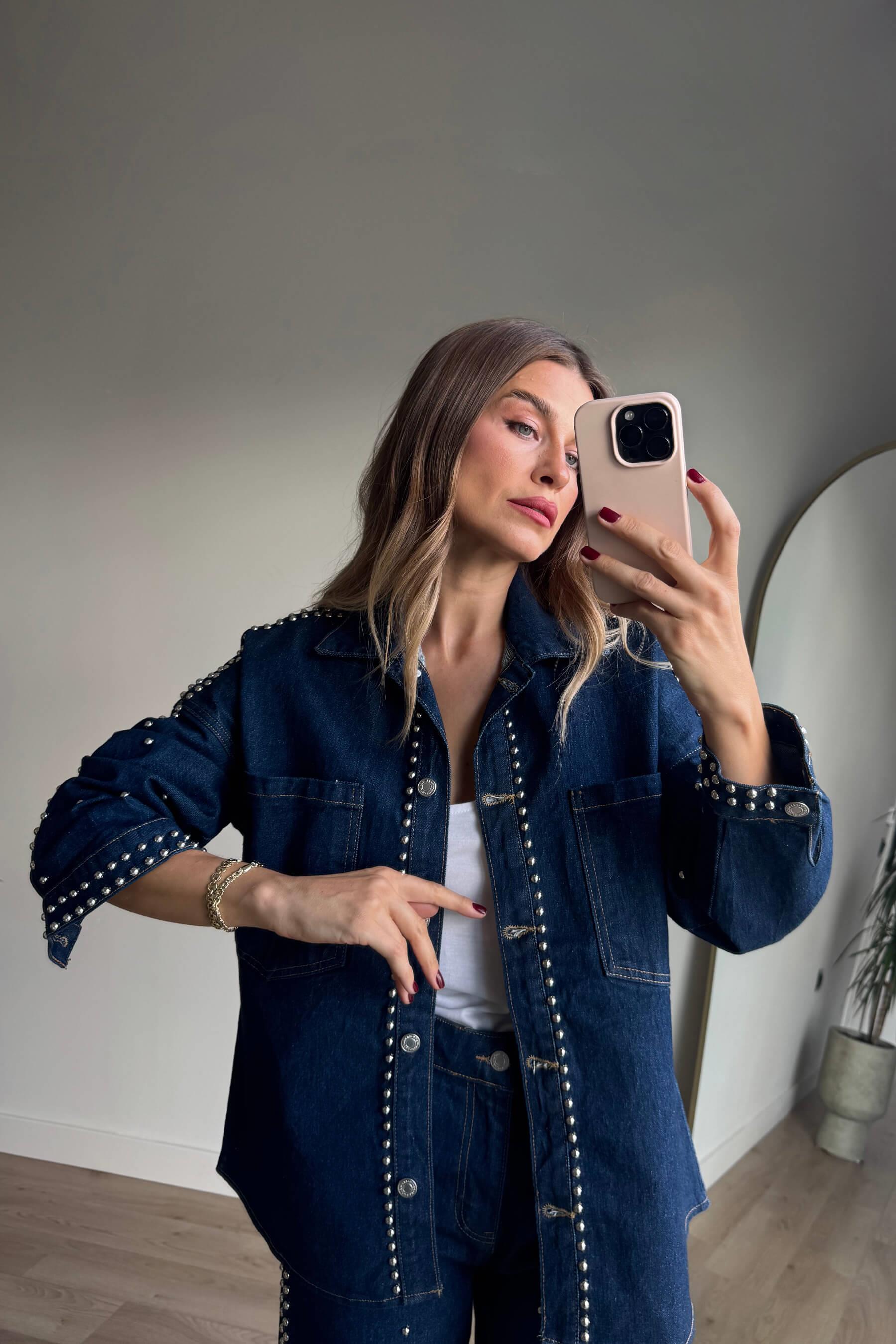 Lacivert Zımba Baskı Gömlek Pantolon Denim Takım