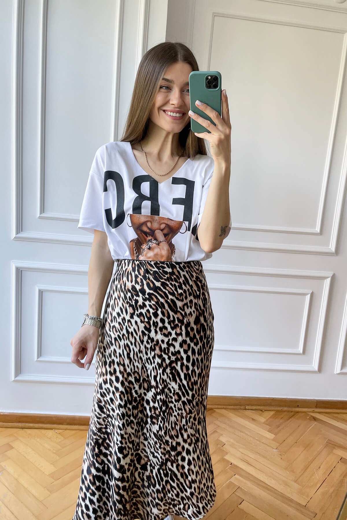 Leopar Beli Lastikli Saten Etek