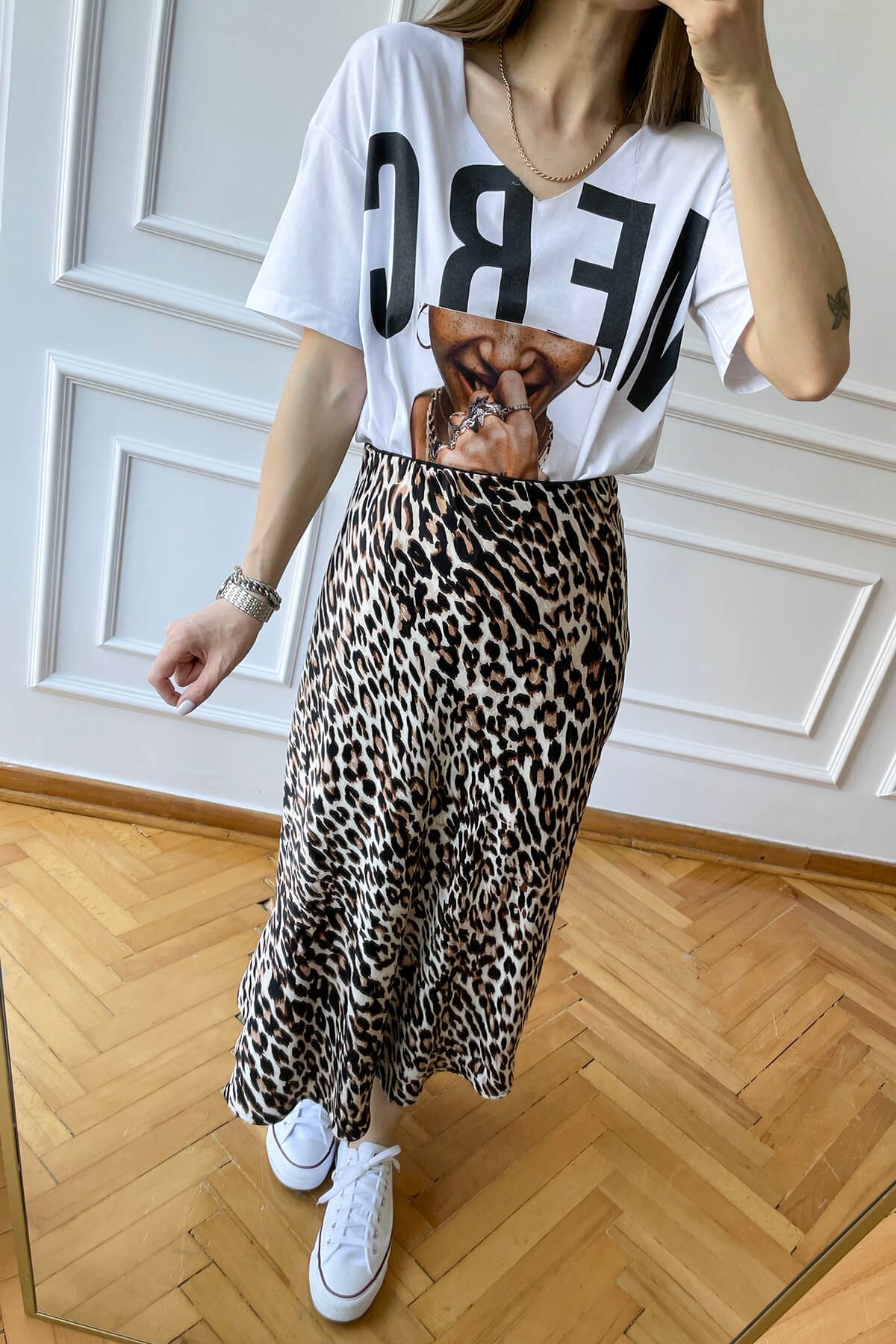 Leopar Beli Lastikli Saten Etek