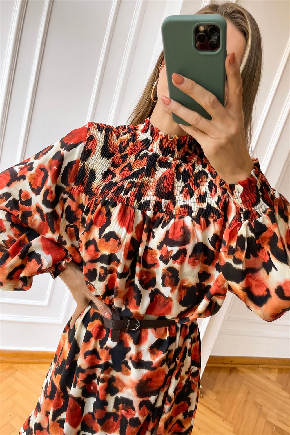 Leopar Desen Dik Yakalı Maksi Elbise