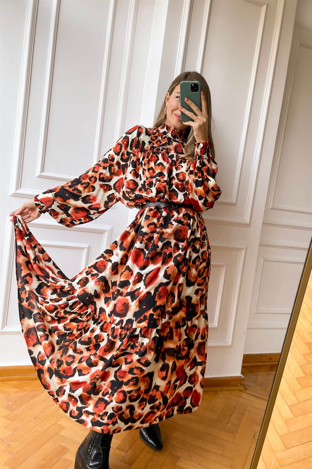 Leopar Desen Dik Yakalı Maksi Elbise
