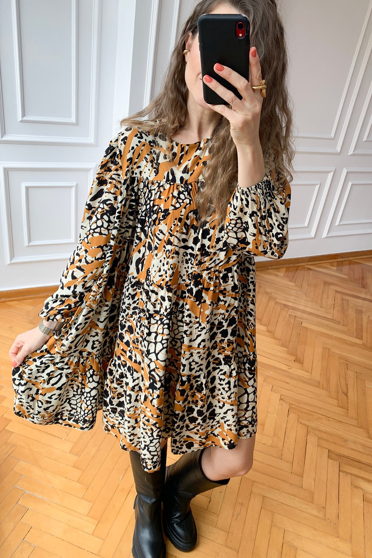 Leopar Desen Fırfırlı Elbise