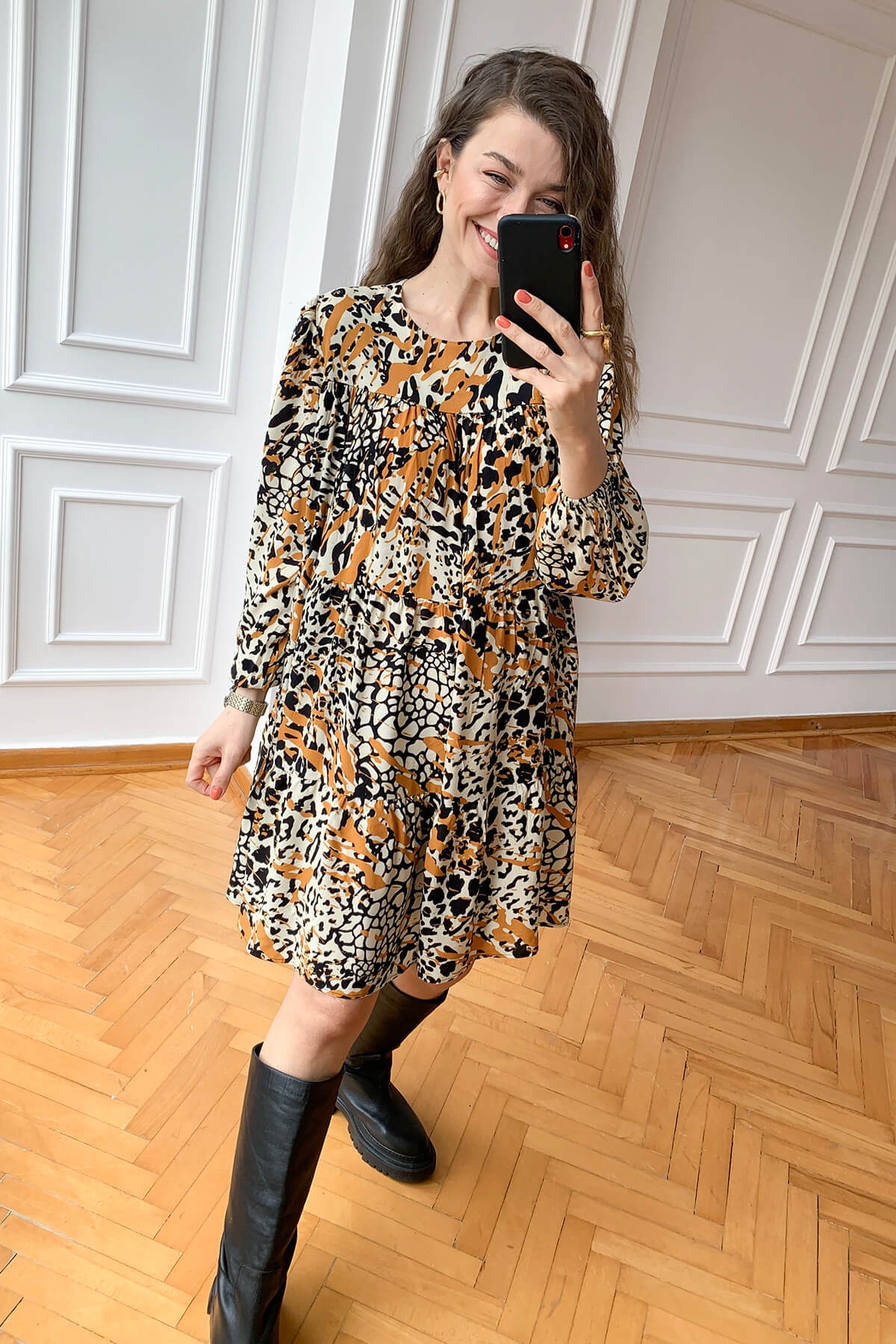Leopar Desen Fırfırlı Elbise