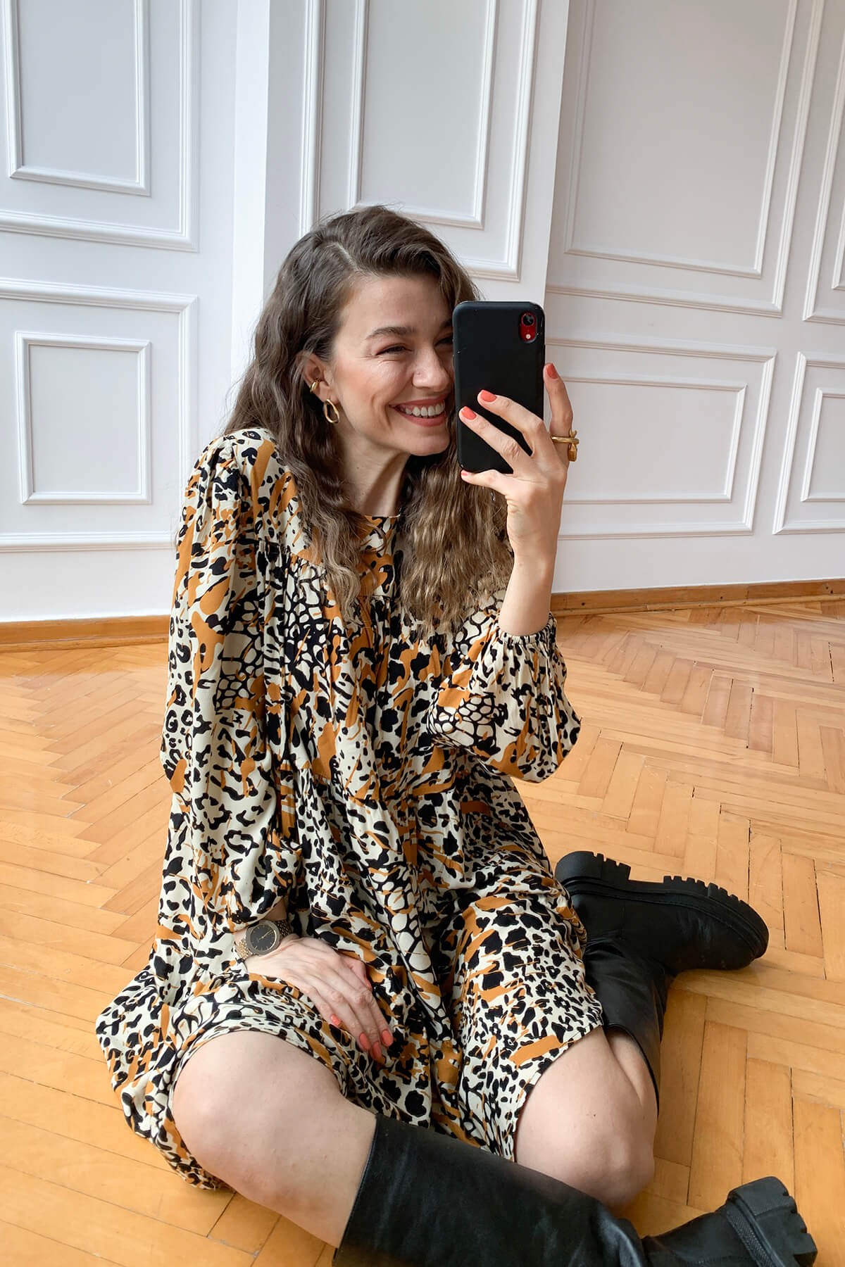 Leopar Desen Fırfırlı Elbise