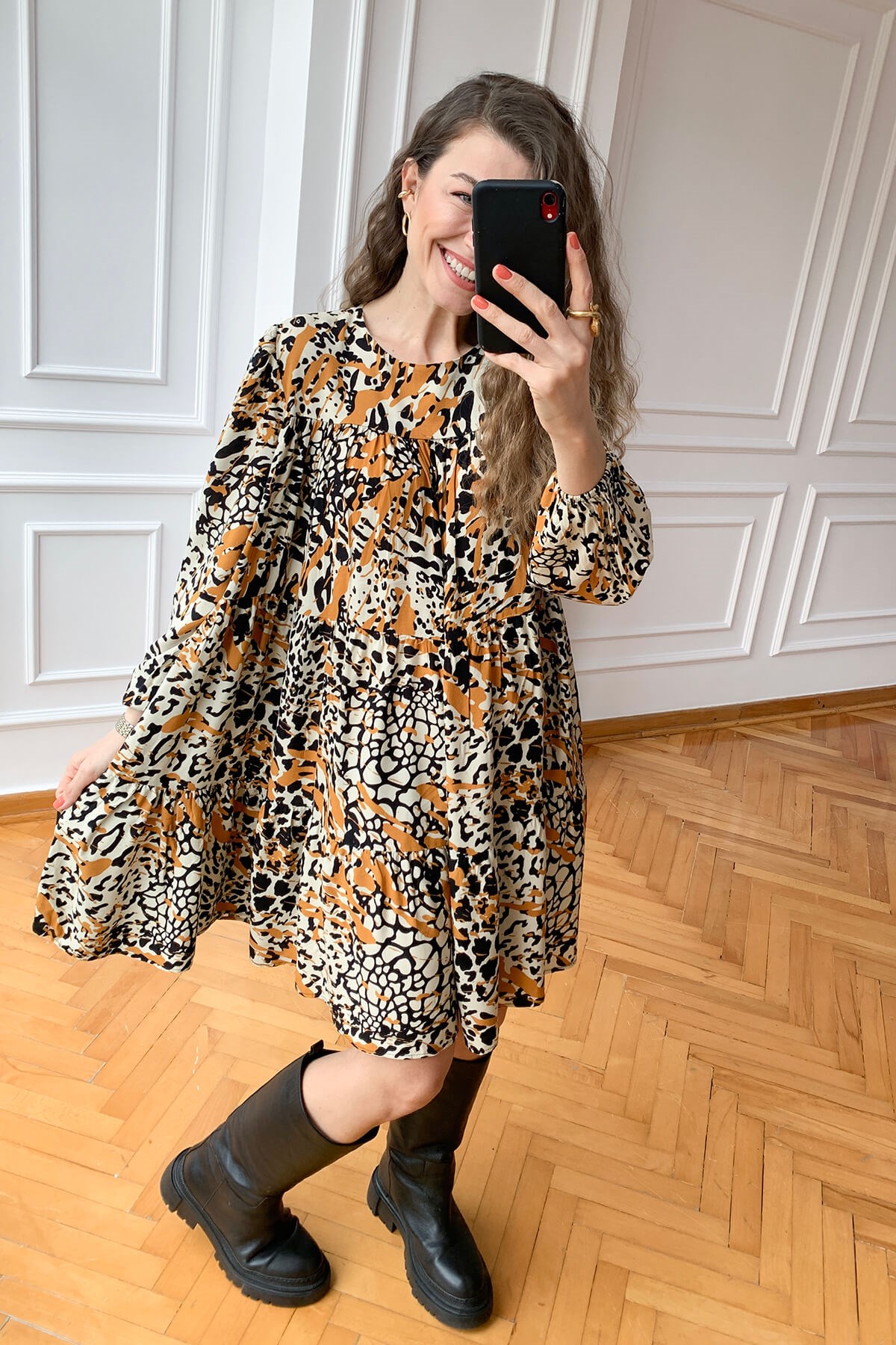 Leopar Desen Fırfırlı Elbise