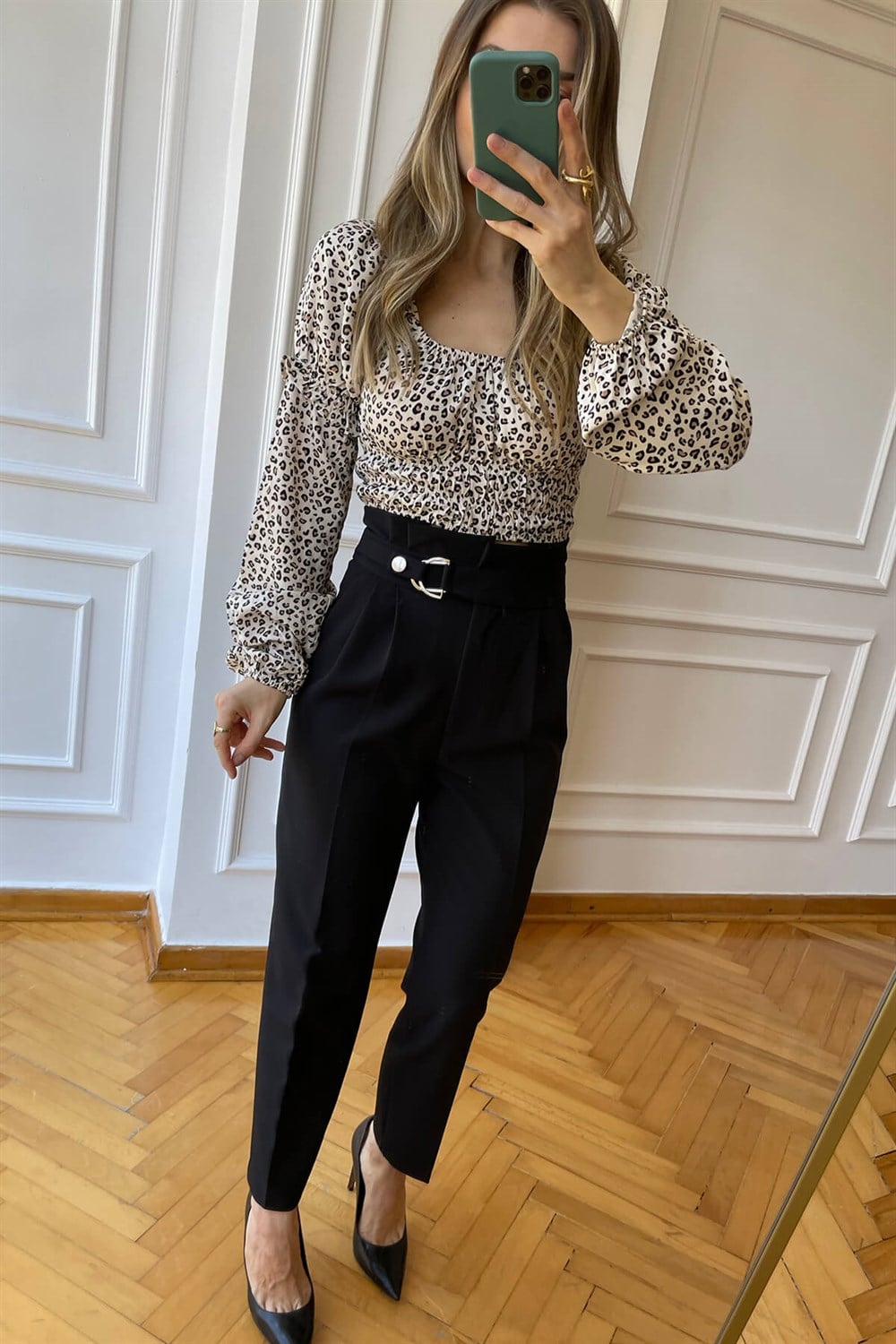 Leopar Drapeli Crop Bluz