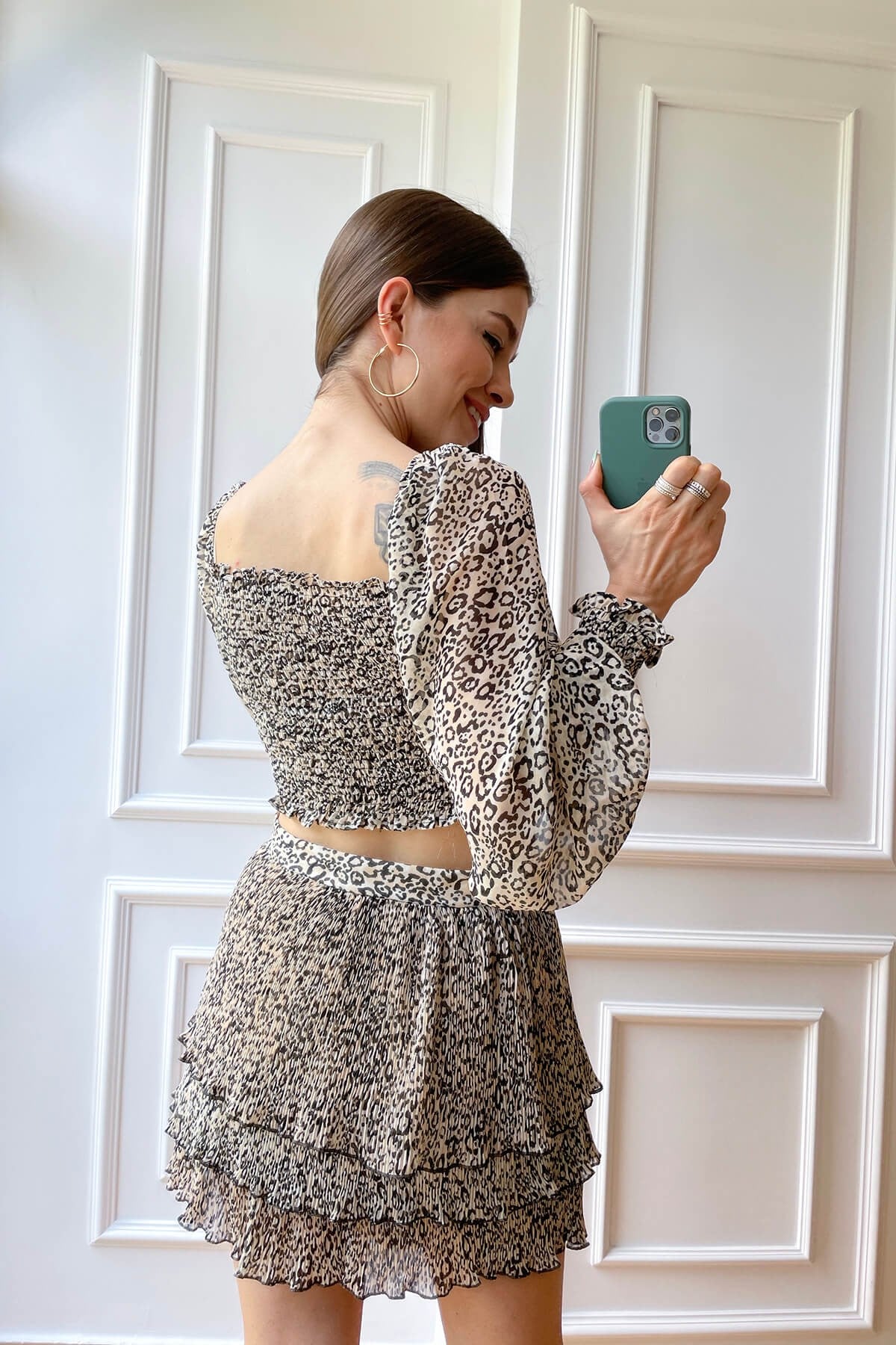 Leopar Etek Crop Şifon Takım