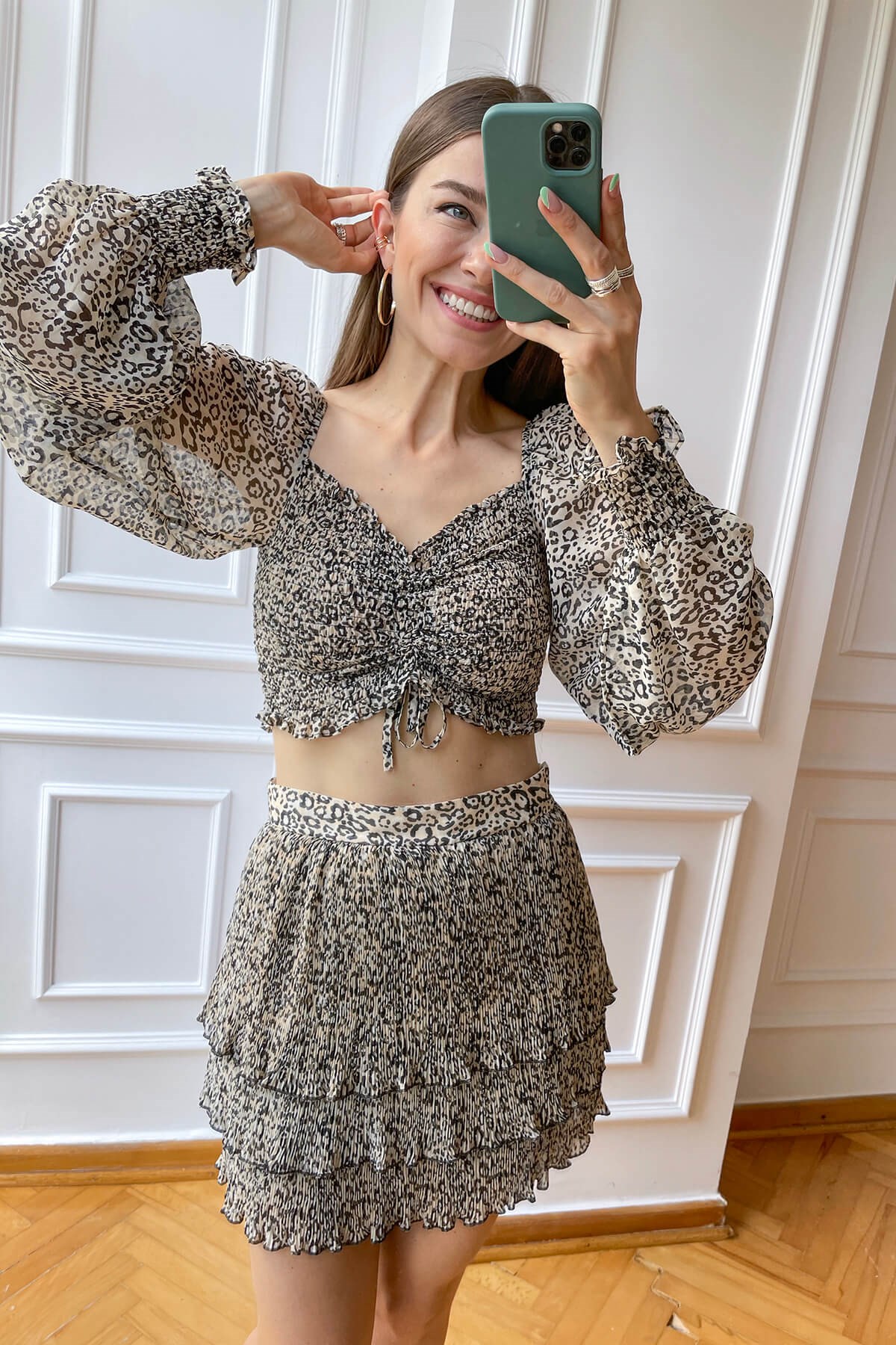 Leopar Etek Crop Şifon Takım