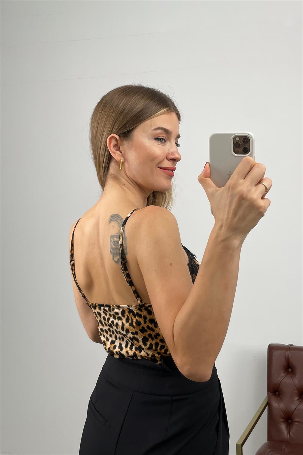 Leopar İp Askılı Dantelli Bluz