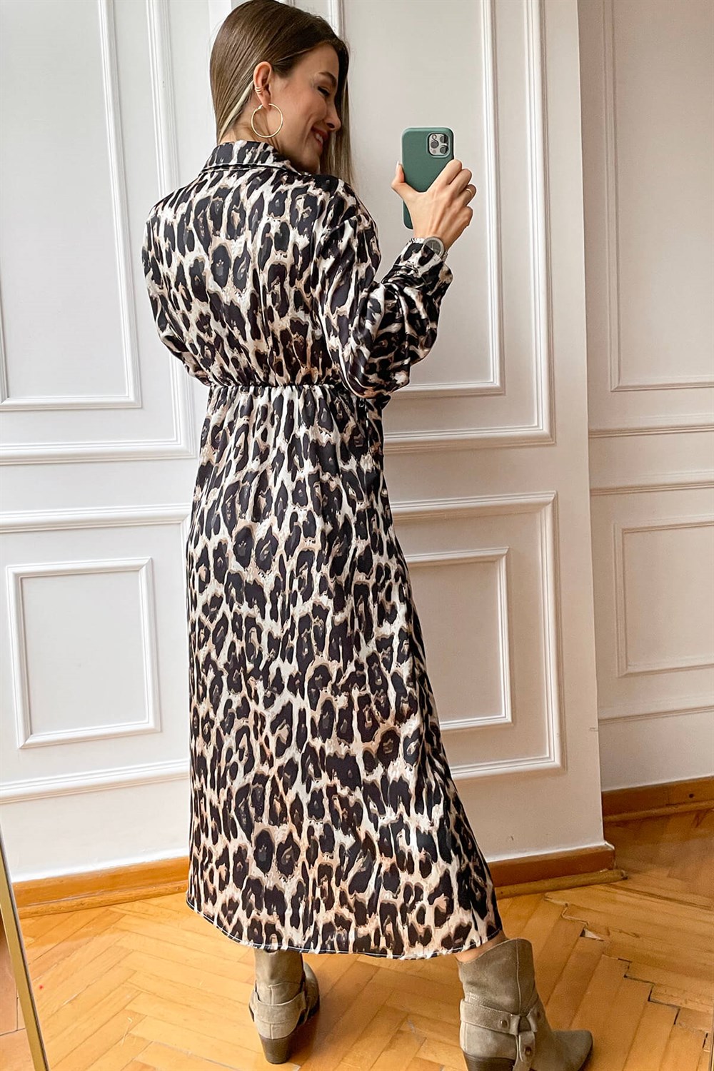 Leopar Kruvaze Saten Elbise