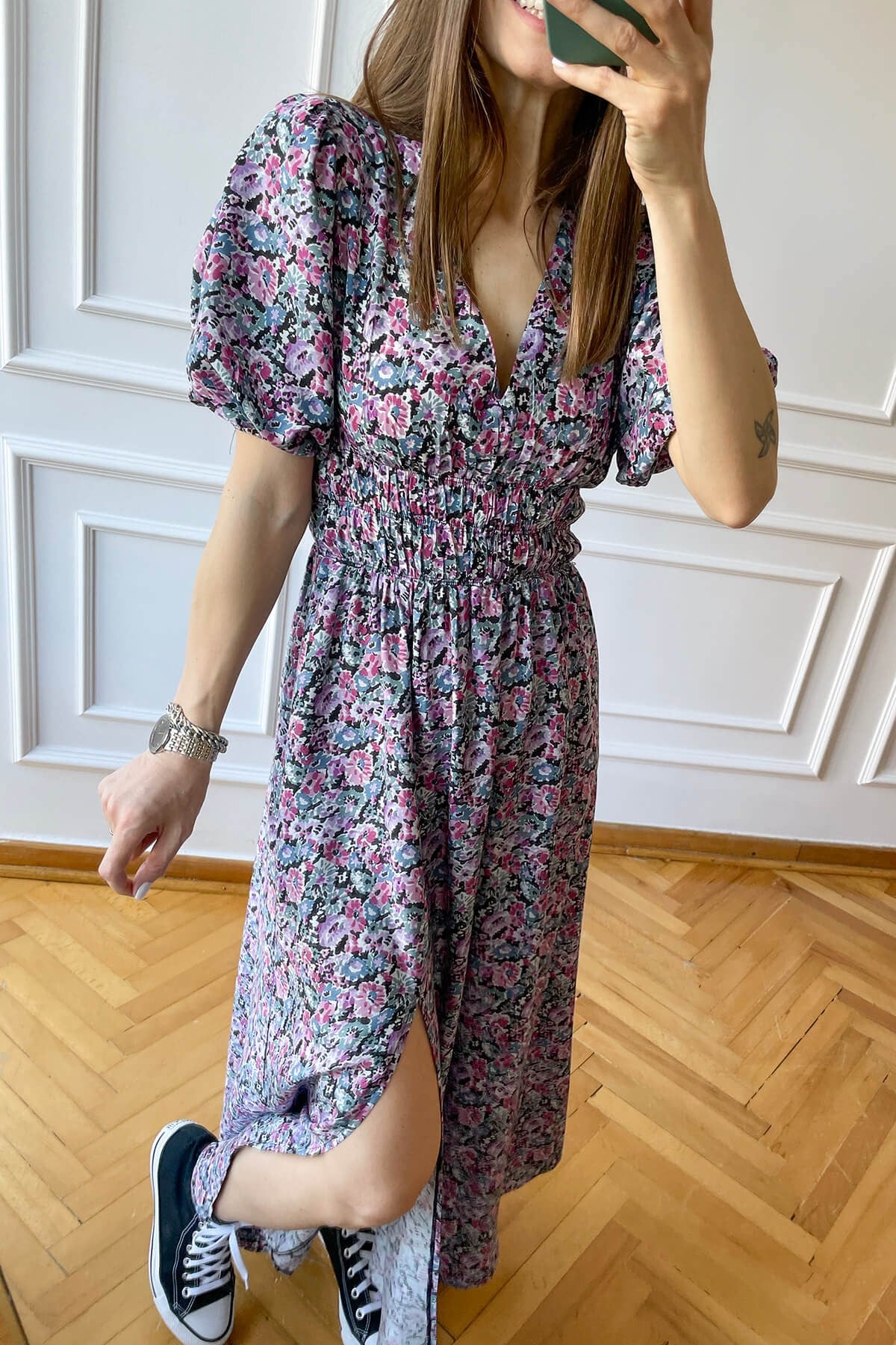 Lila Beli Lastikli Maksi Elbise