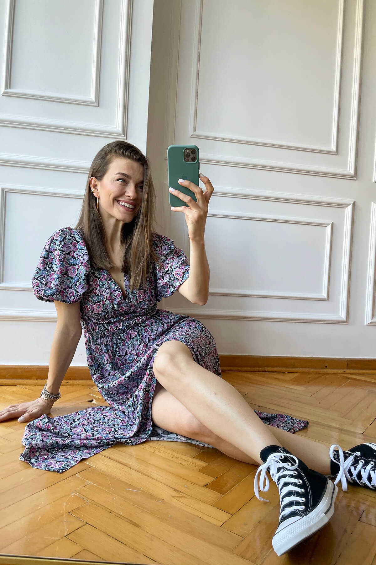 Lila Beli Lastikli Maksi Elbise