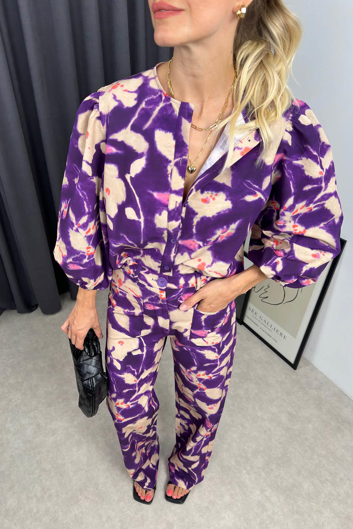 Lila Çiçekli Balon Kol Premium Takım