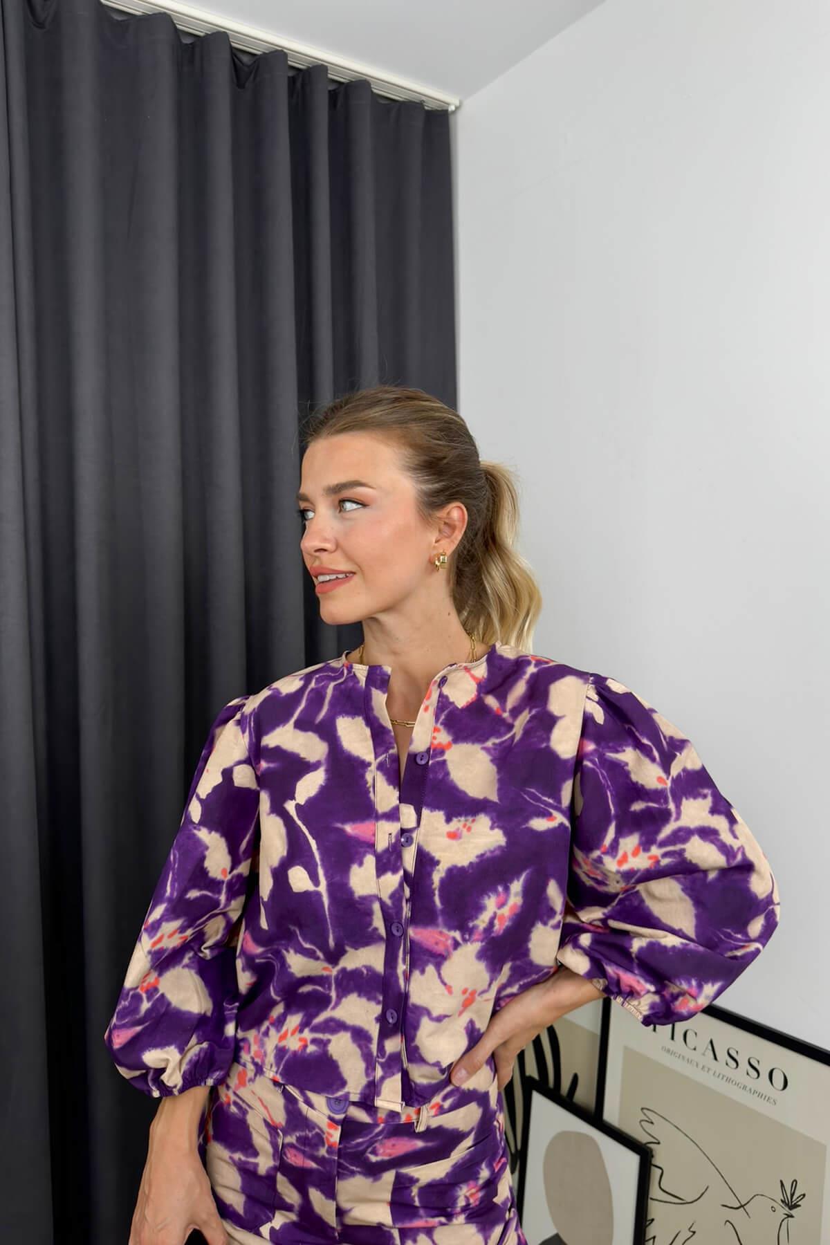 Lila Çiçekli Balon Kol Premium Takım