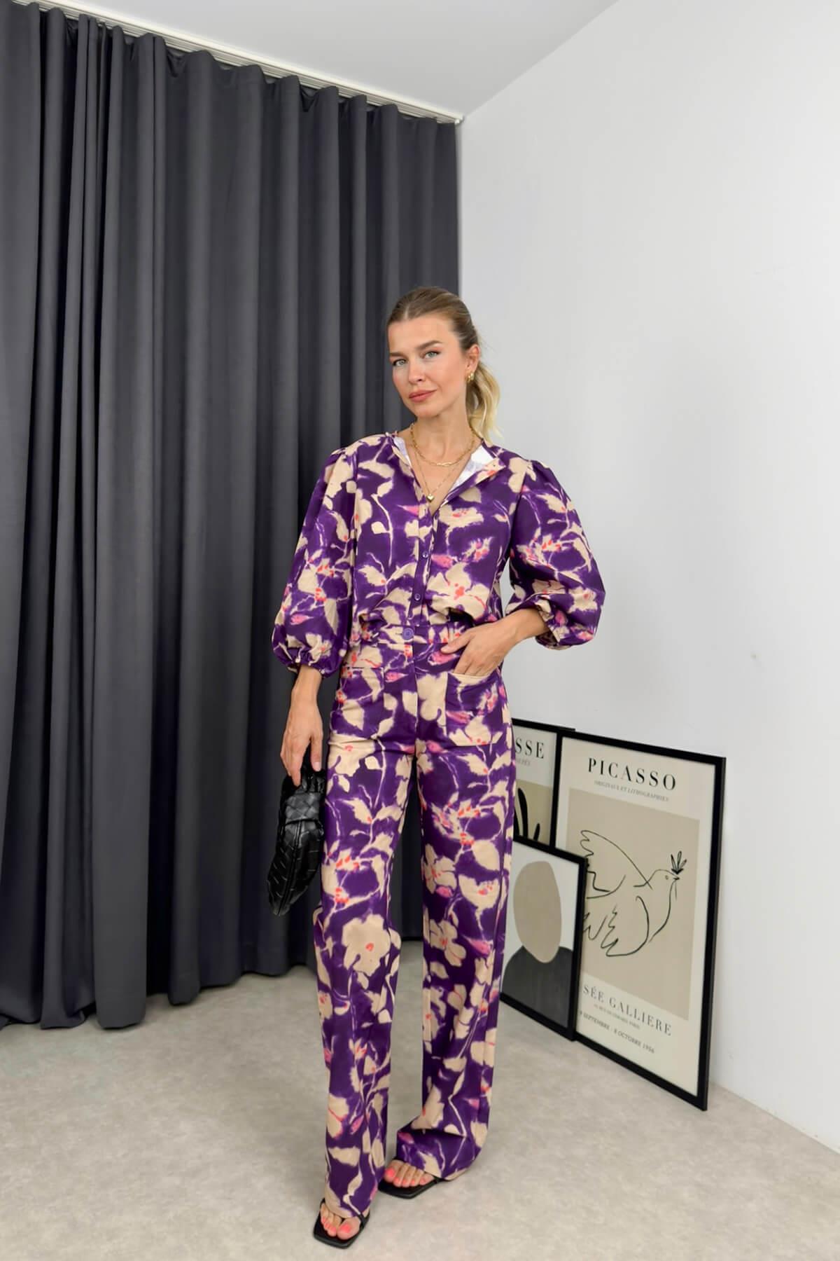 Lila Çiçekli Balon Kol Premium Takım