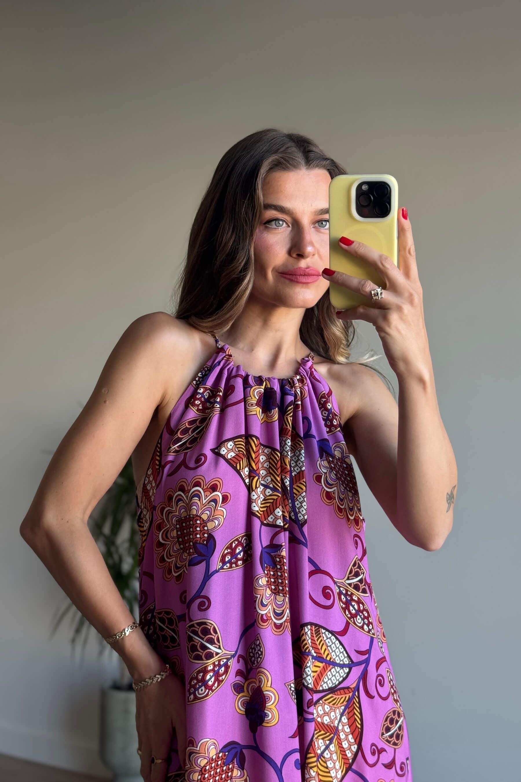 Lila Desenli Boyundan Bağcıklı Oversize Elbise