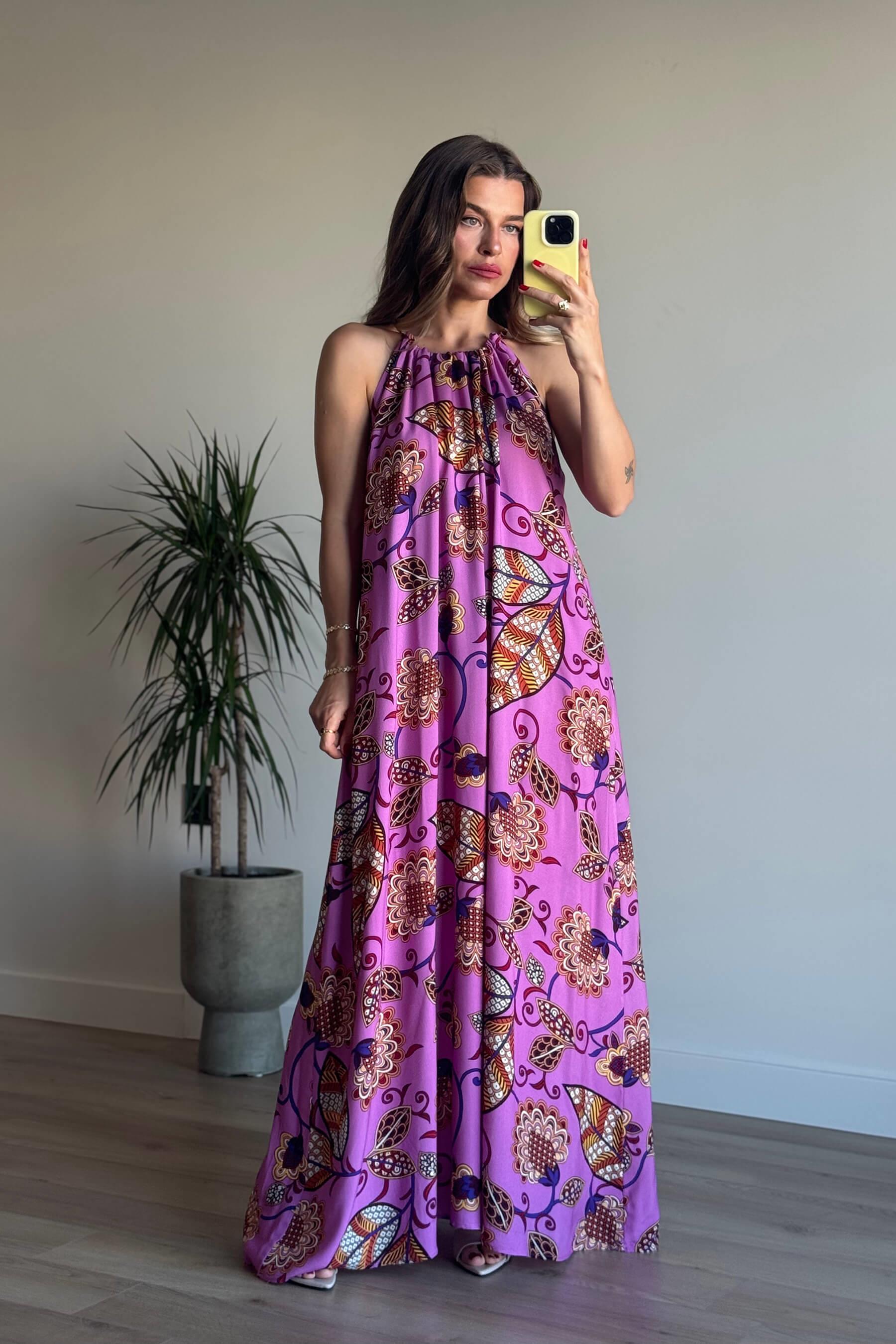 Lila Desenli Boyundan Bağcıklı Oversize Elbise