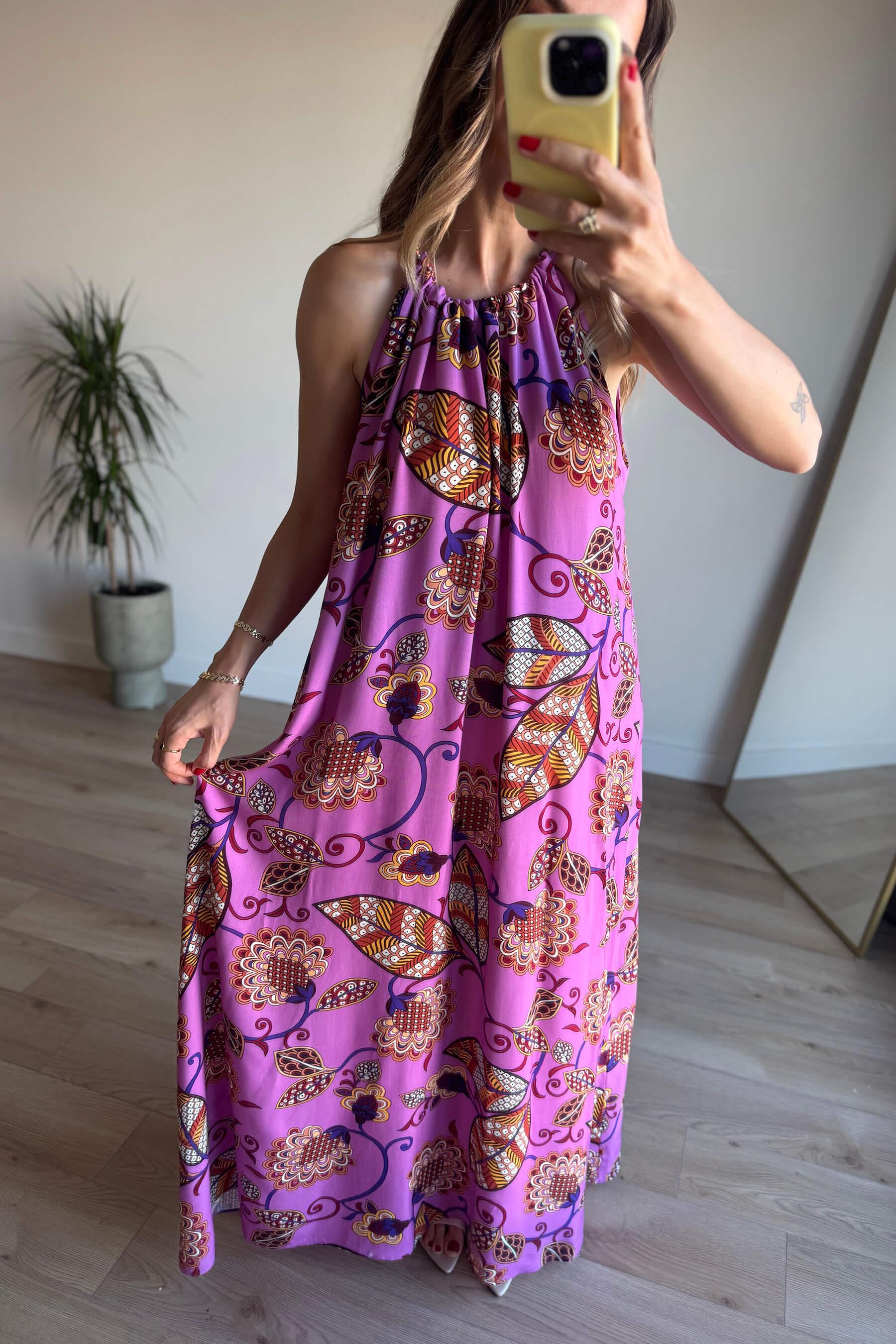 Lila Desenli Boyundan Bağcıklı Oversize Elbise