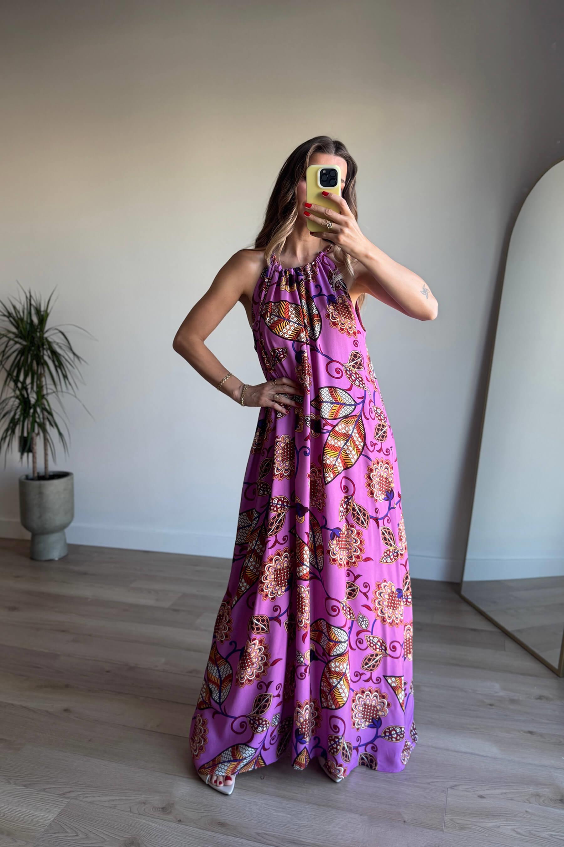 Lila Desenli Boyundan Bağcıklı Oversize Elbise