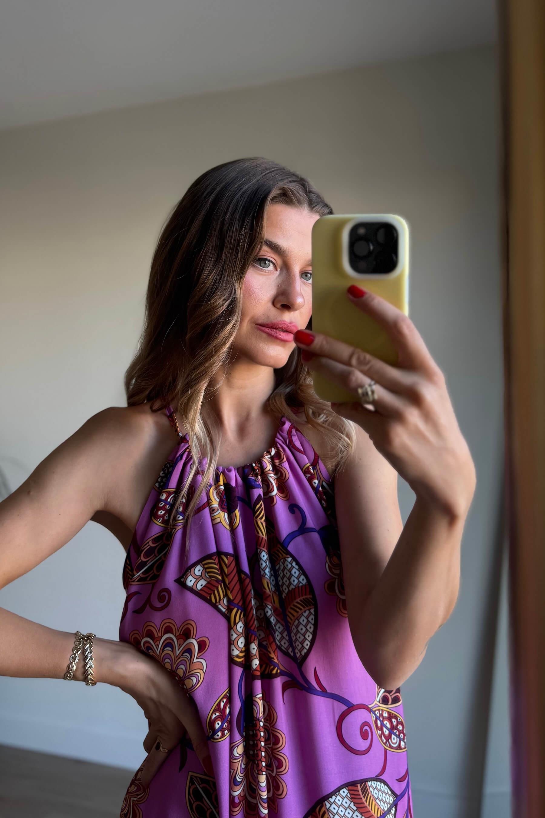 Lila Desenli Boyundan Bağcıklı Oversize Elbise