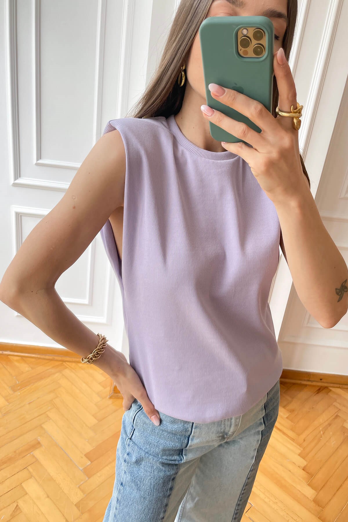 Lila Kolsuz Vatkalı T-Shirt