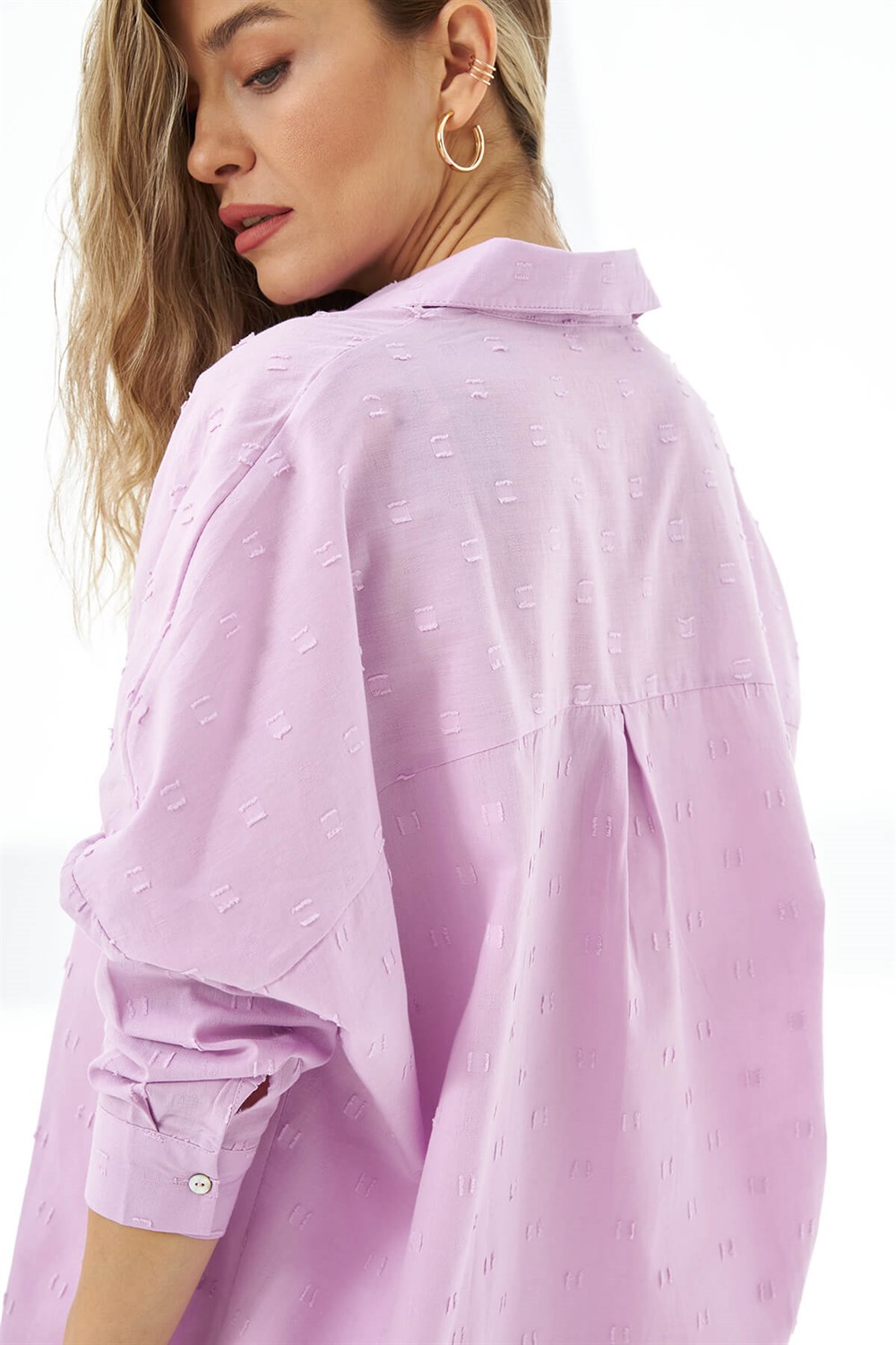 Lila Oversize Dokulu Gömlek