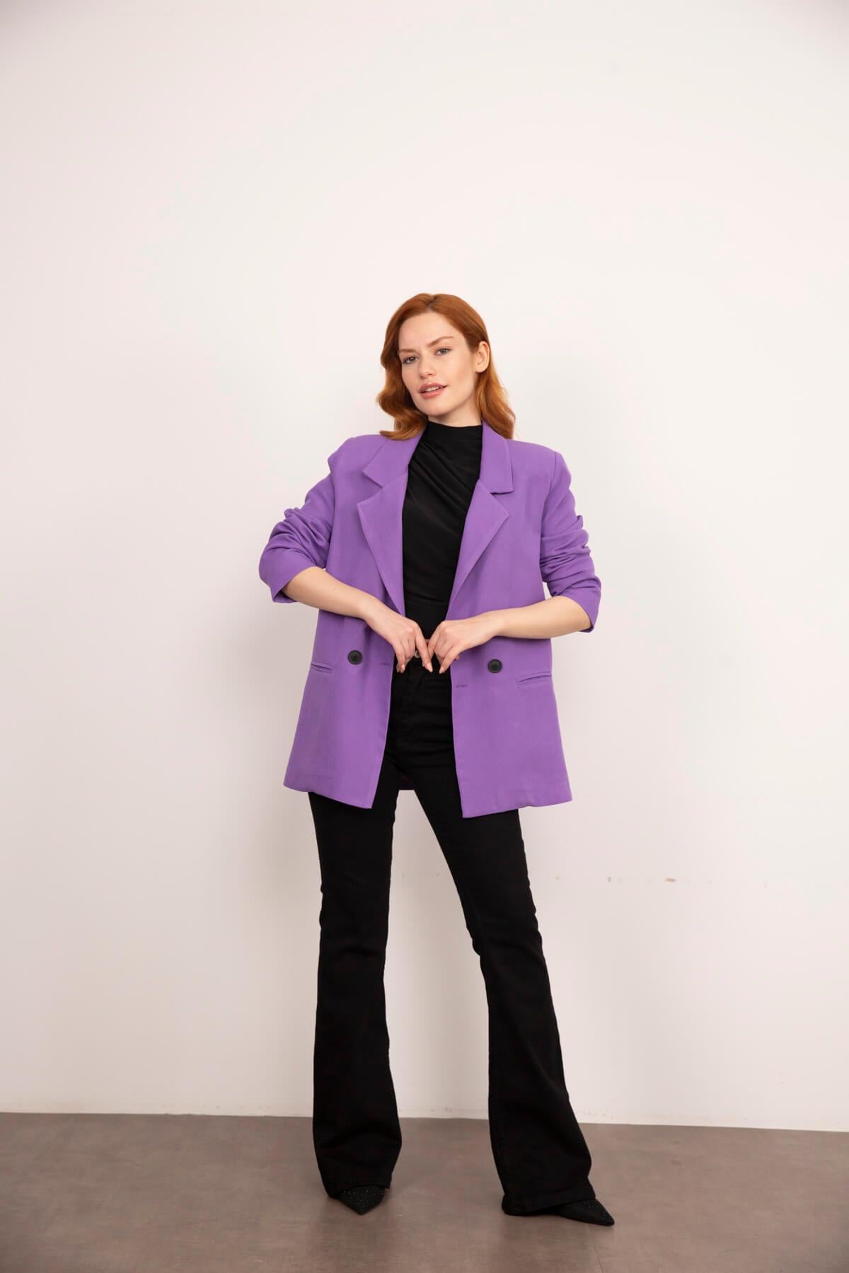 Lila Vatkalı Düğmeli Keten Blazer Ceket