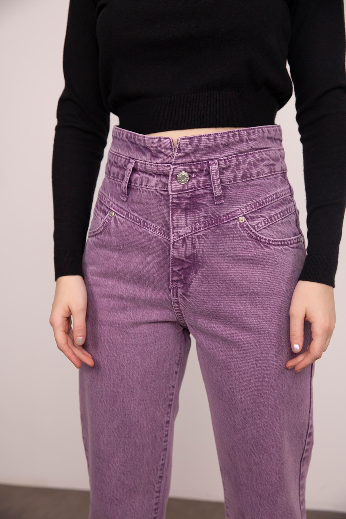 Lila Yüksek Bel Detaylı Mom Jean
