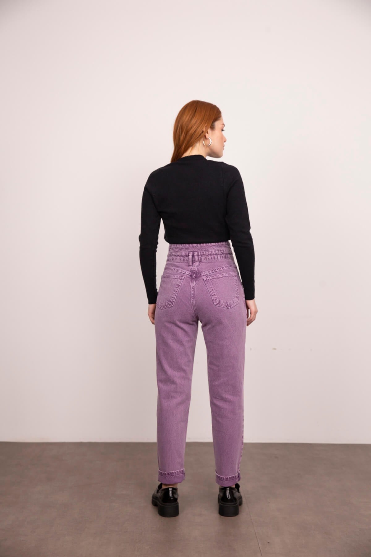 Lila Yüksek Bel Detaylı Mom Jean