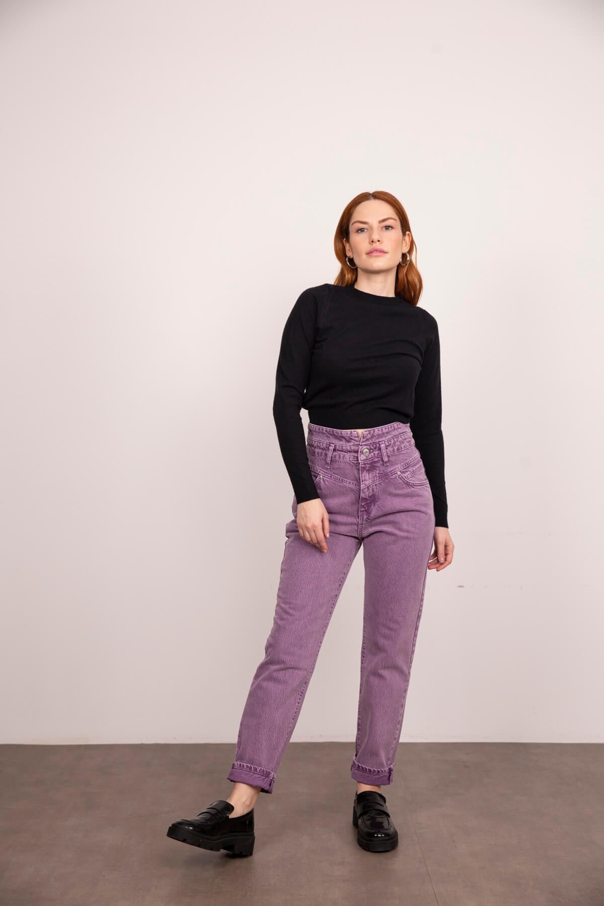 Lila Yüksek Bel Detaylı Mom Jean